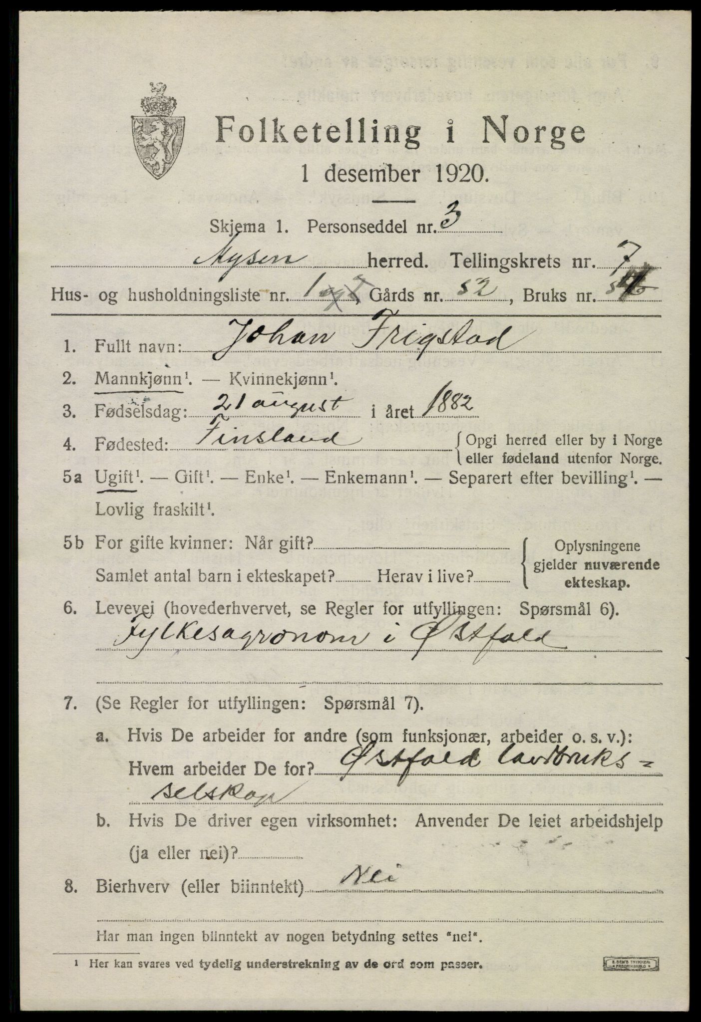 SAO, 1920 census for Mysen, 1920, p. 3257