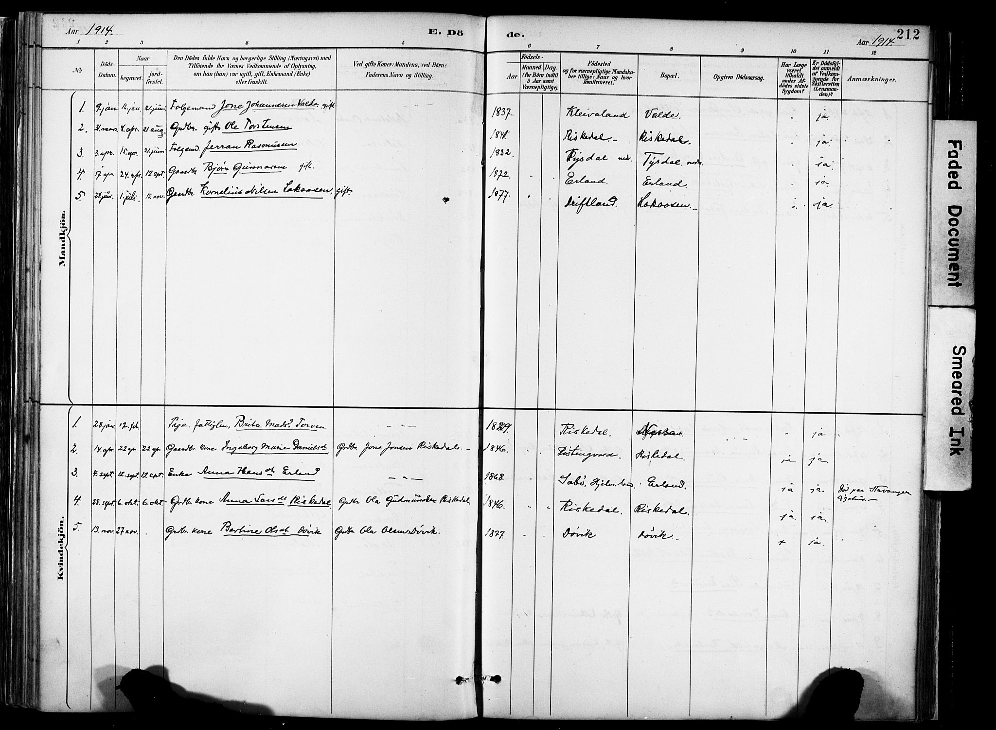 Hjelmeland sokneprestkontor, AV/SAST-A-101843/02/A/L0001: Parish register (official) no. A 16, 1887-1926, p. 212