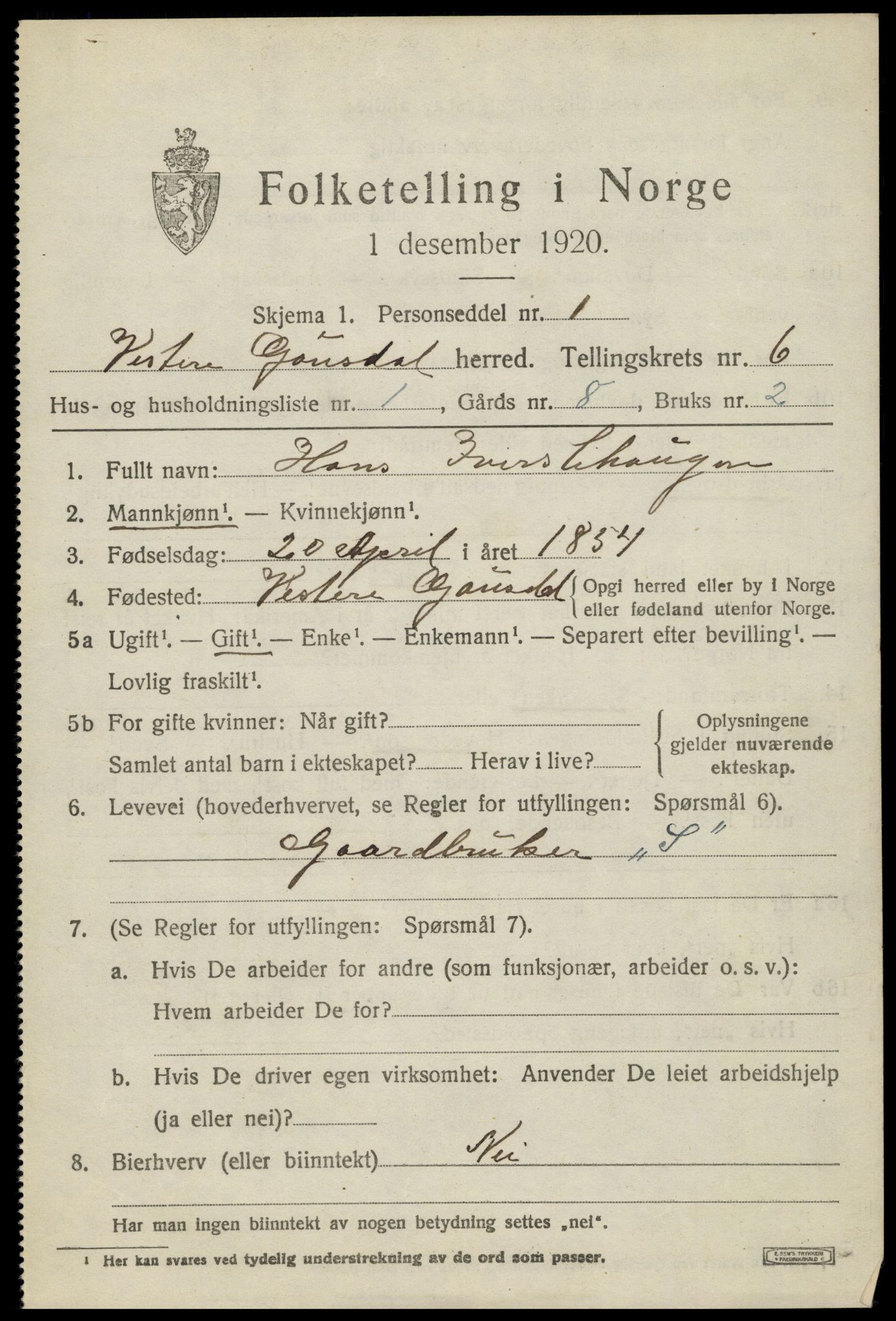 SAH, 1920 census for Vestre Gausdal, 1920, p. 4389