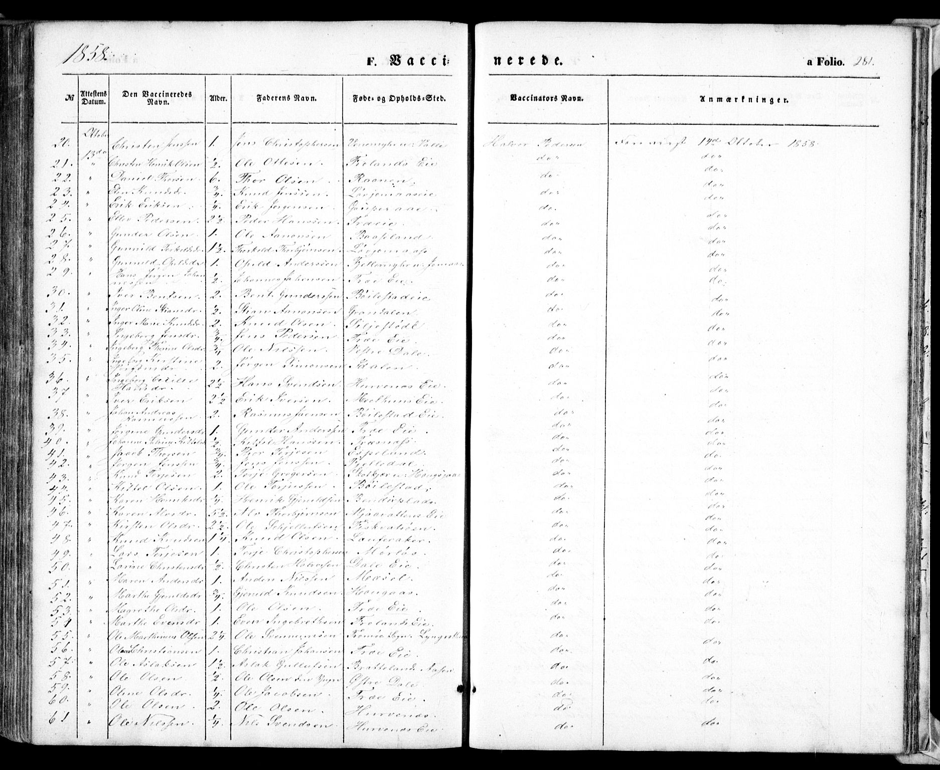 Froland sokneprestkontor, SAK/1111-0013/F/Fa/L0002: Parish register (official) no. A 2, 1845-1863, p. 281