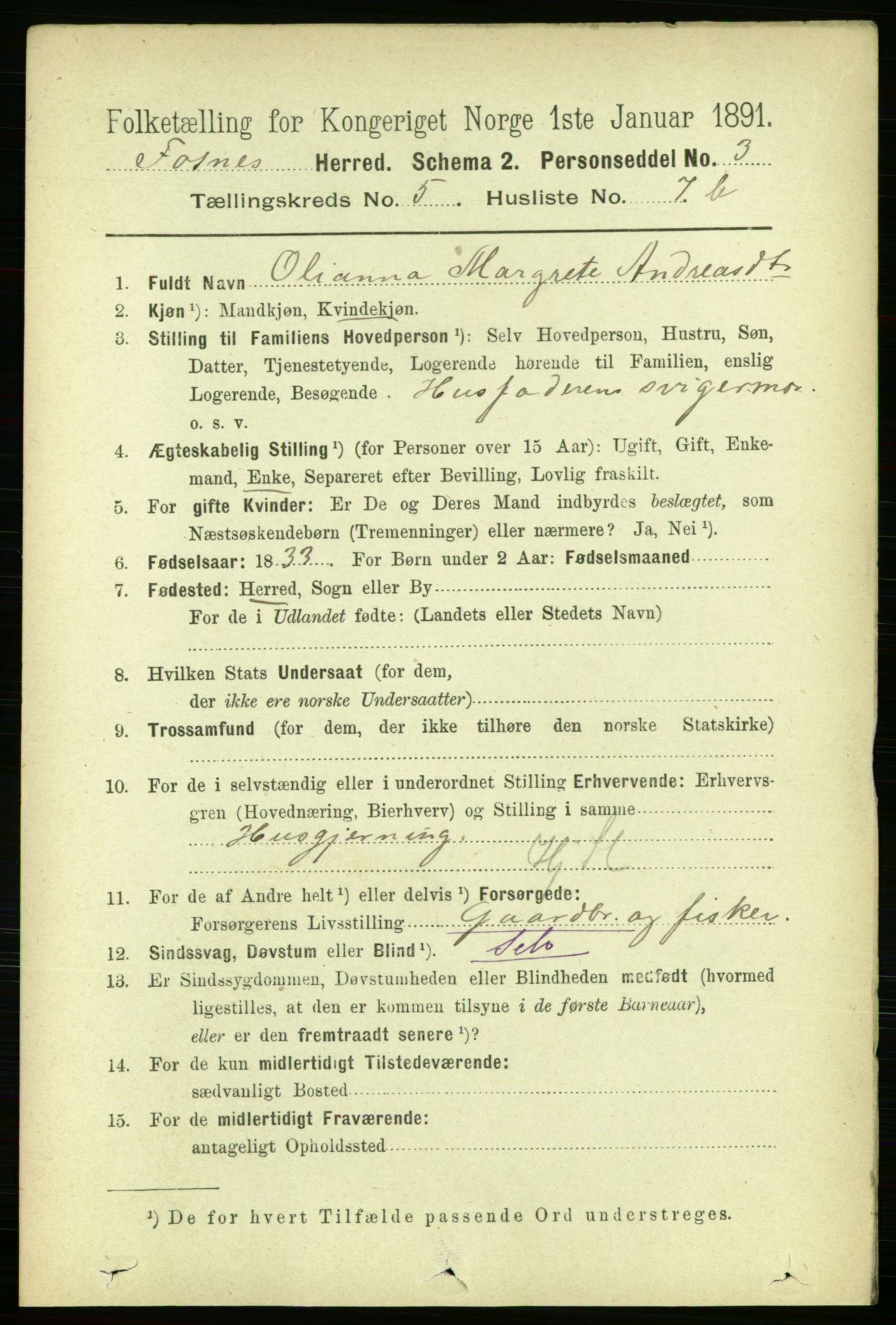 RA, 1891 census for 1748 Fosnes, 1891, p. 2712