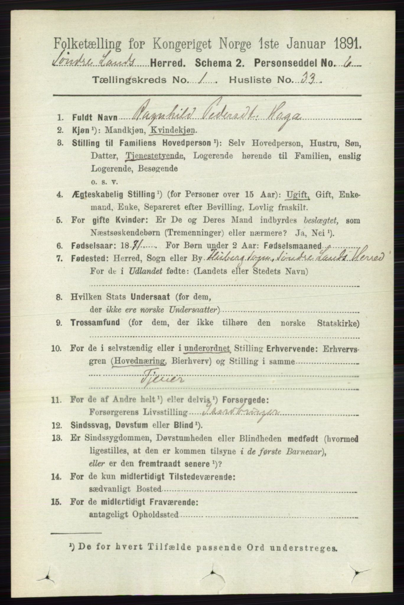 RA, 1891 census for 0536 Søndre Land, 1891, p. 362