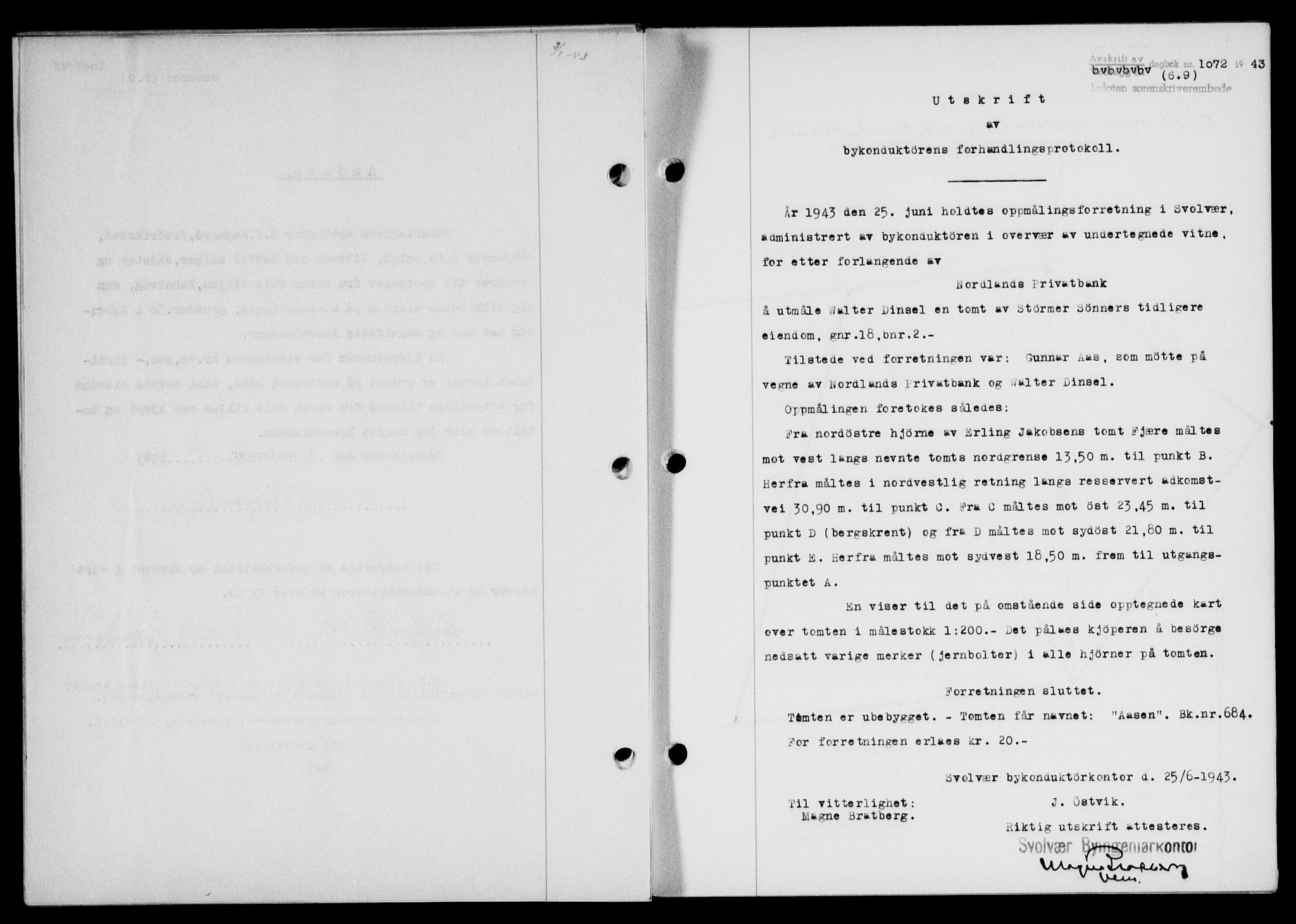 Lofoten sorenskriveri, SAT/A-0017/1/2/2C/L0011a: Mortgage book no. 11a, 1943-1943, Diary no: : 1072/1943