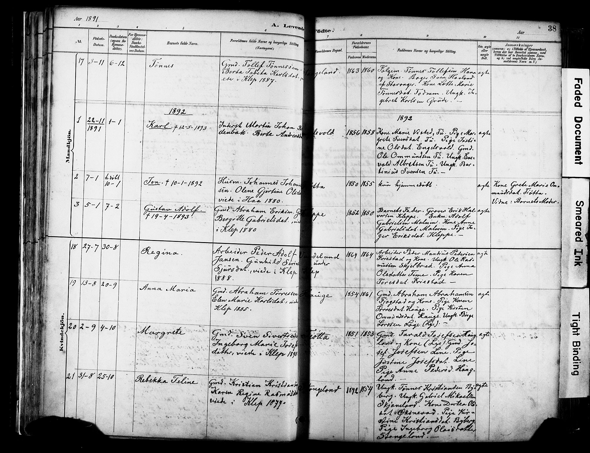 Klepp sokneprestkontor, SAST/A-101803/001/3/30BA/L0009: Parish register (official) no. A 7, 1886-1915, p. 38