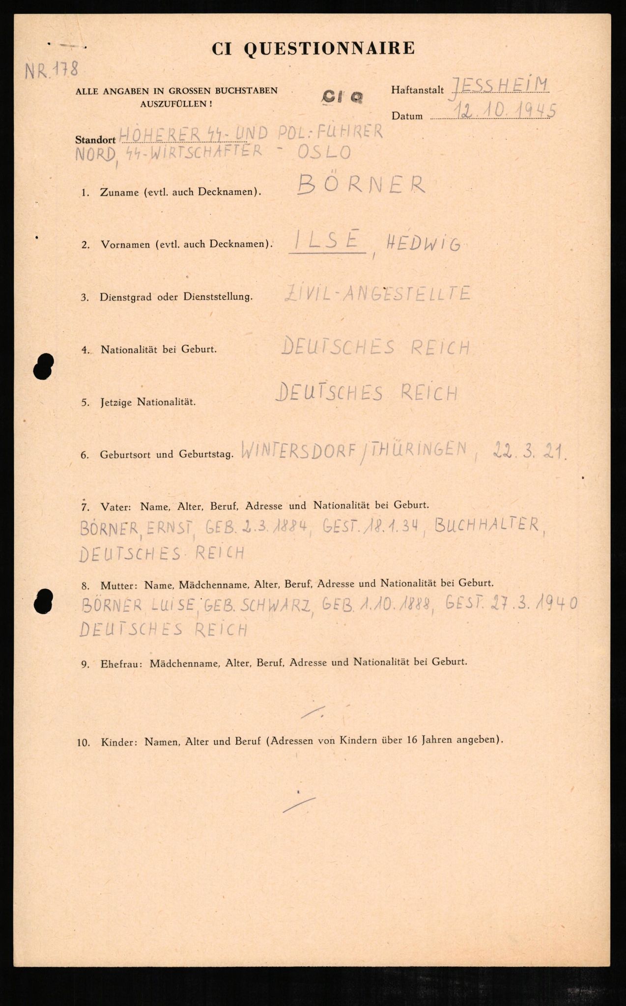 Forsvaret, Forsvarets overkommando II, AV/RA-RAFA-3915/D/Db/L0005: CI Questionaires. Tyske okkupasjonsstyrker i Norge. Tyskere., 1945-1946, p. 159