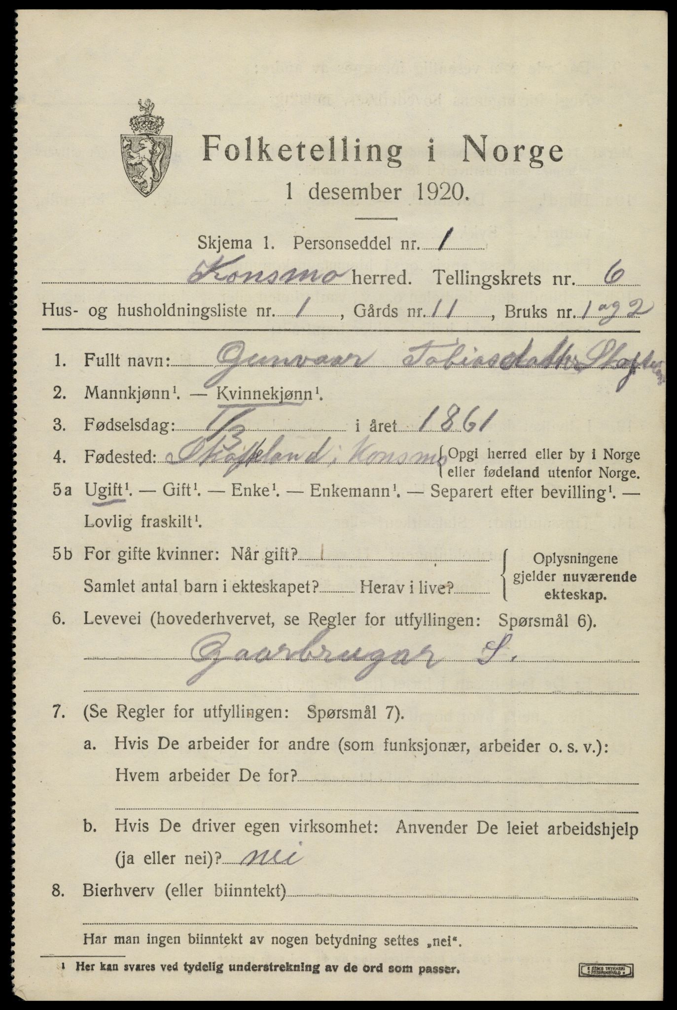 SAK, 1920 census for Konsmo, 1920, p. 1402