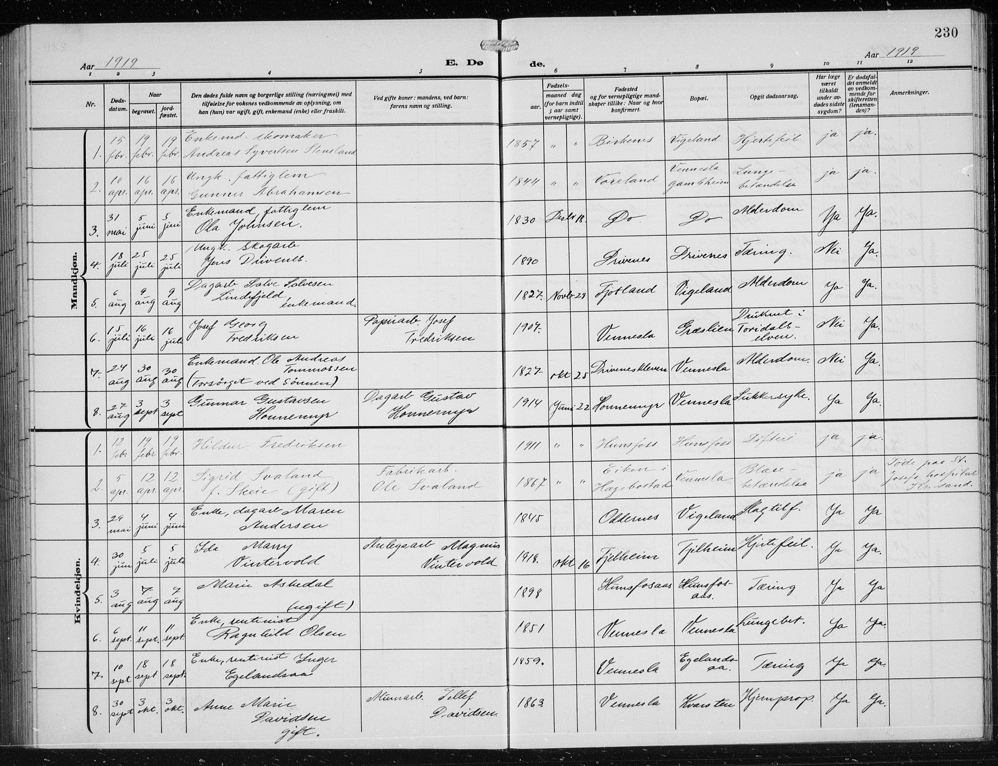 Vennesla sokneprestkontor, SAK/1111-0045/Fb/Fbb/L0006: Parish register (copy) no. B 6, 1914-1921, p. 230