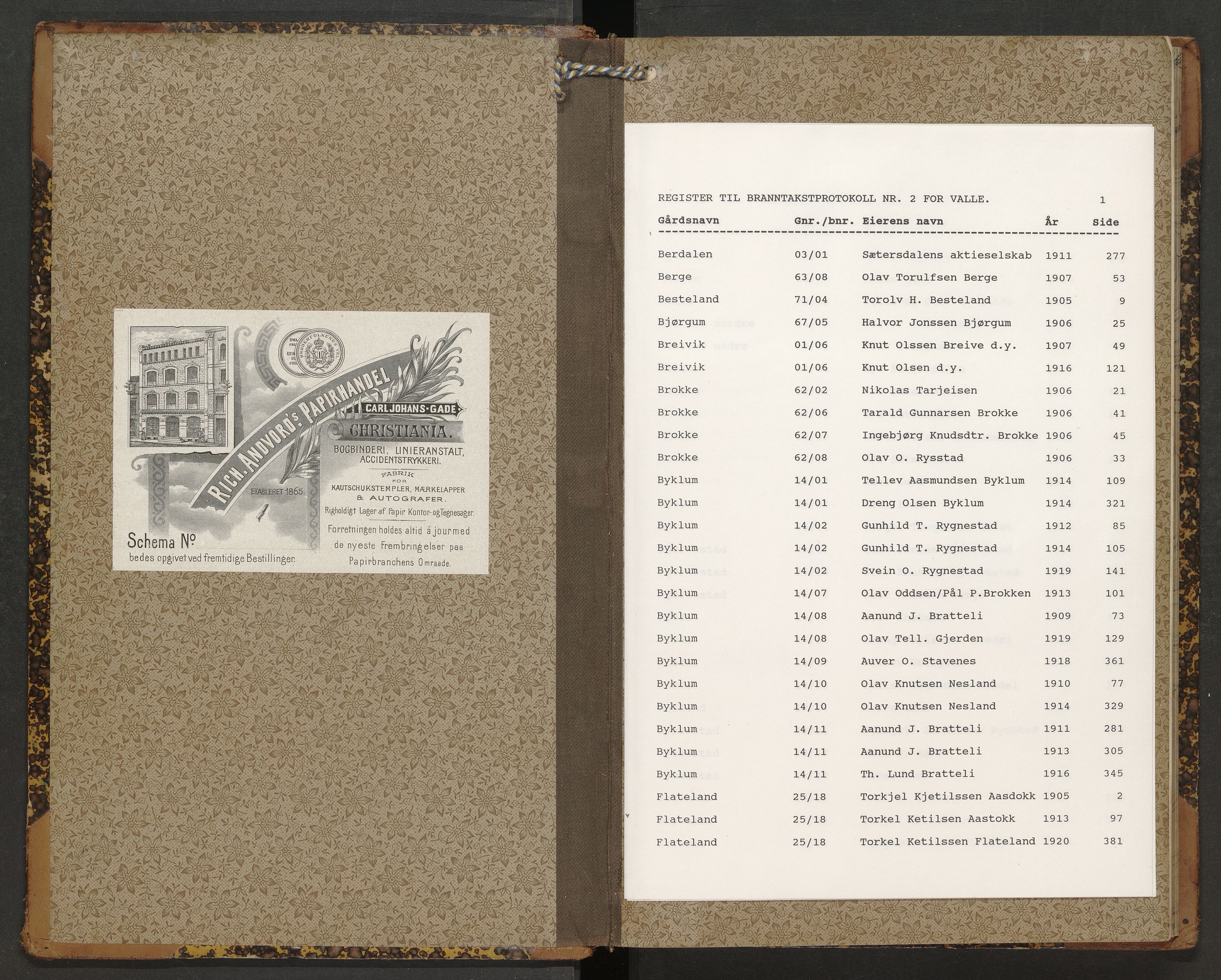 Norges Brannkasse Valle, AV/SAK-2241-0052/F/Fa/L0002: Branntakstprotokoll nr. 2 med gårdsnavnregister, 1905-1920