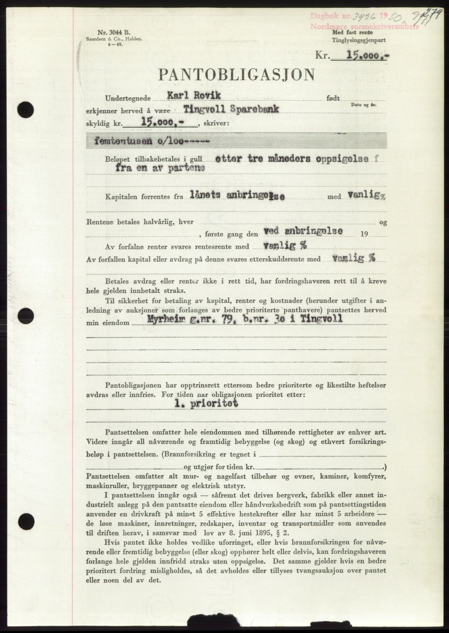 Nordmøre sorenskriveri, AV/SAT-A-4132/1/2/2Ca: Mortgage book no. B106, 1950-1950, Diary no: : 3426/1950