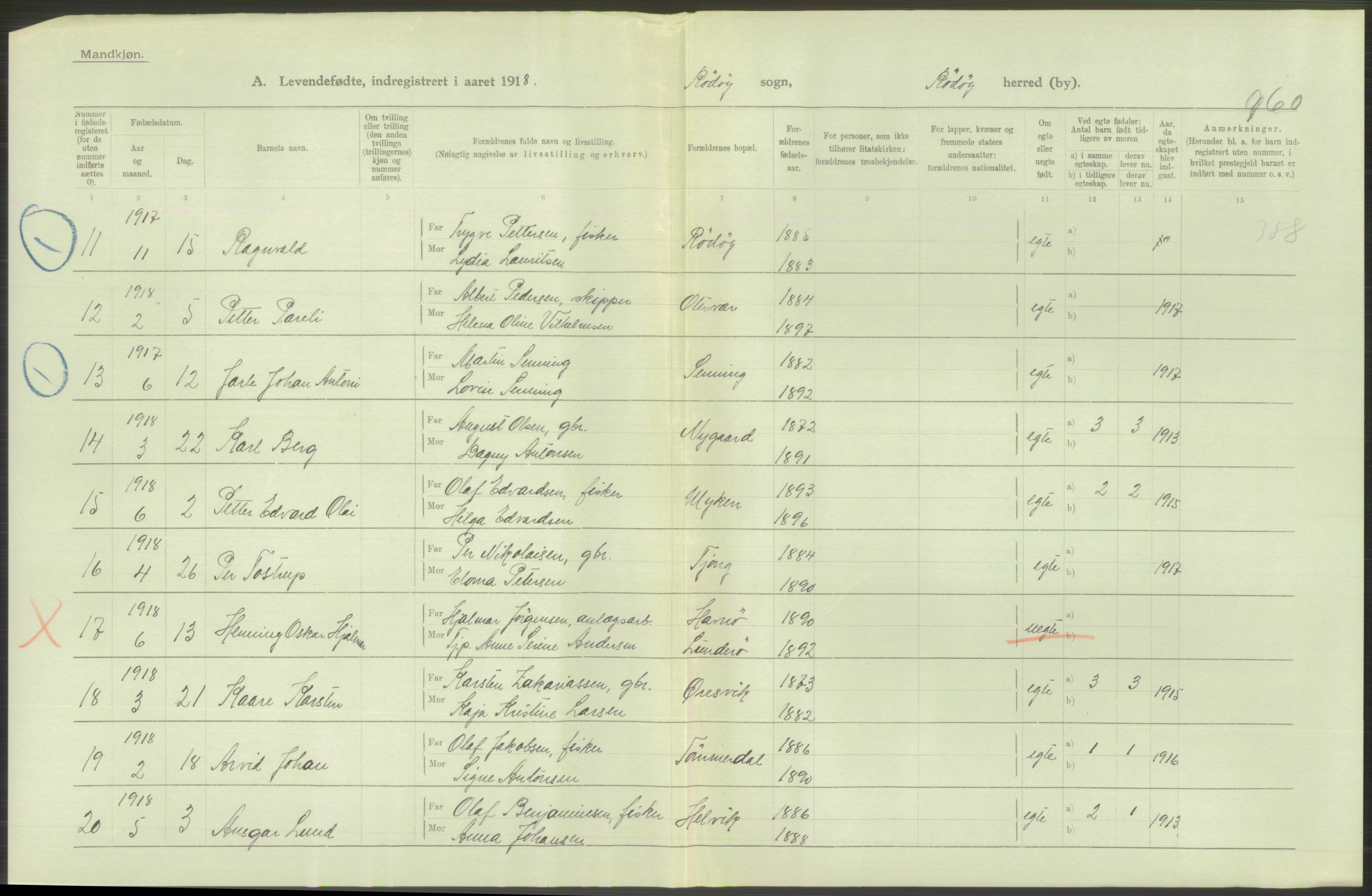 Statistisk sentralbyrå, Sosiodemografiske emner, Befolkning, AV/RA-S-2228/D/Df/Dfb/Dfbh/L0052: Nordland fylke: Levendefødte menn og kvinner. Bygder., 1918, p. 562