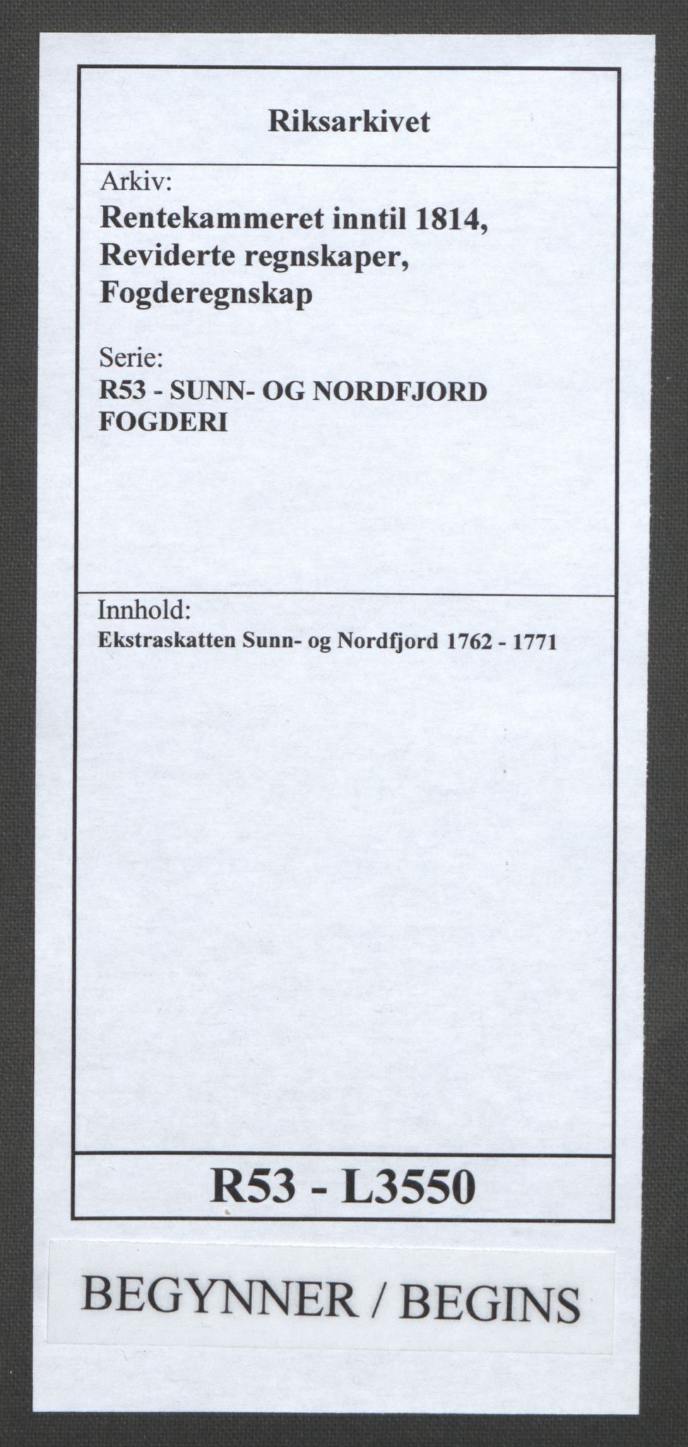 Rentekammeret inntil 1814, Reviderte regnskaper, Fogderegnskap, RA/EA-4092/R53/L3550: Ekstraskatten Sunn- og Nordfjord, 1762-1771, p. 1