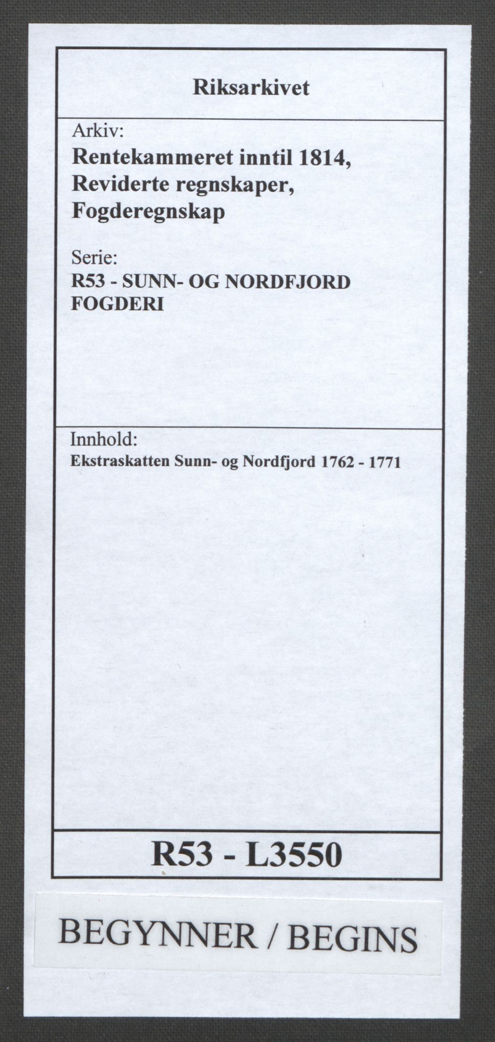 Rentekammeret inntil 1814, Reviderte regnskaper, Fogderegnskap, AV/RA-EA-4092/R53/L3550: Ekstraskatten Sunn- og Nordfjord, 1762-1771, p. 1