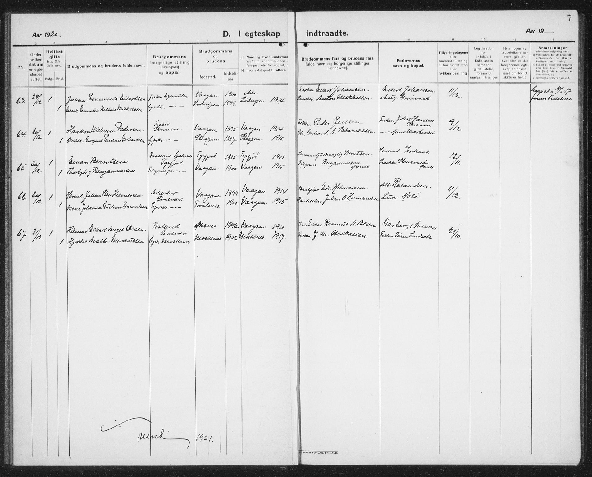 Ministerialprotokoller, klokkerbøker og fødselsregistre - Nordland, SAT/A-1459/874/L1082: Parish register (copy) no. 874C11, 1920-1939, p. 7