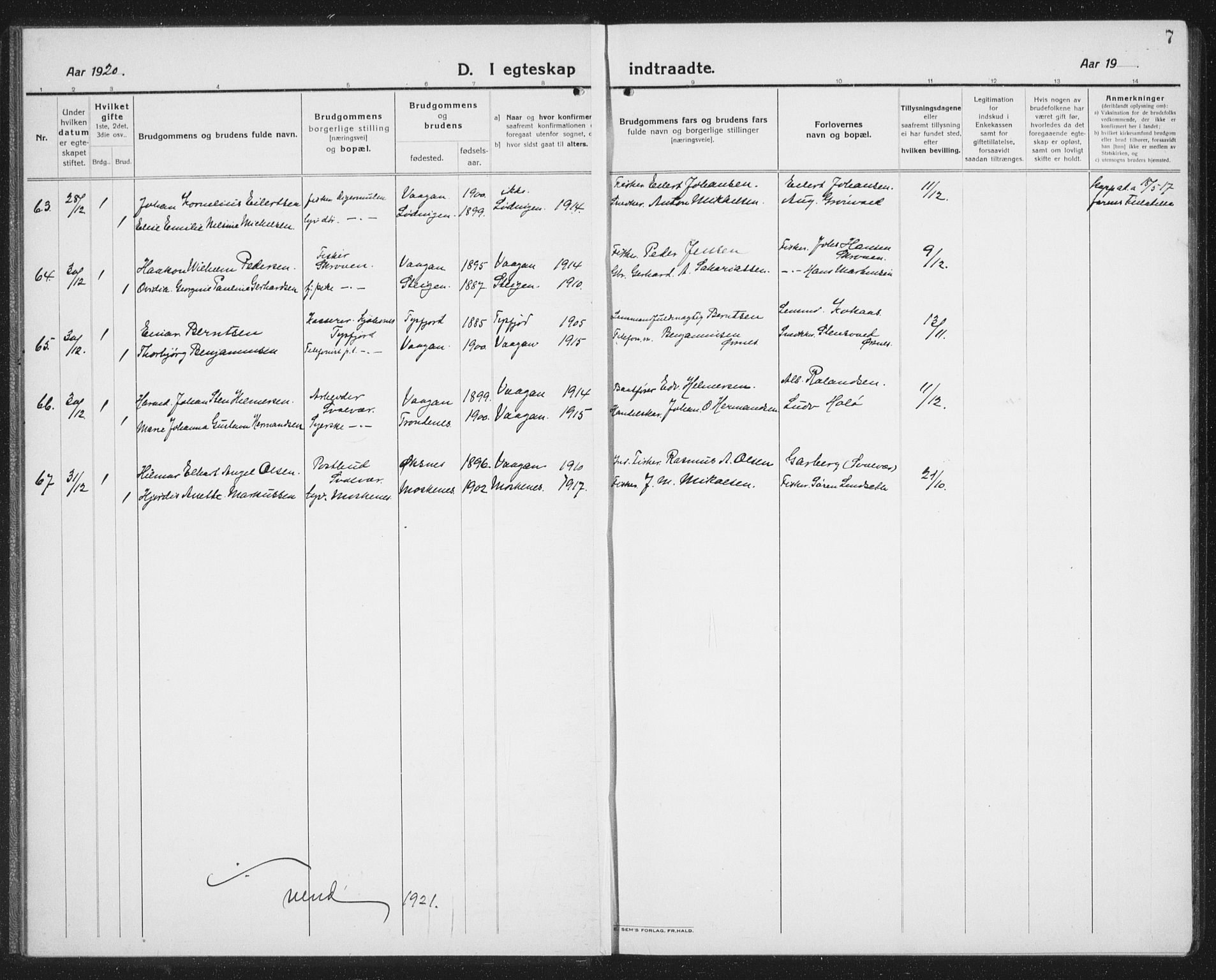 Ministerialprotokoller, klokkerbøker og fødselsregistre - Nordland, AV/SAT-A-1459/874/L1082: Parish register (copy) no. 874C11, 1920-1939, p. 7