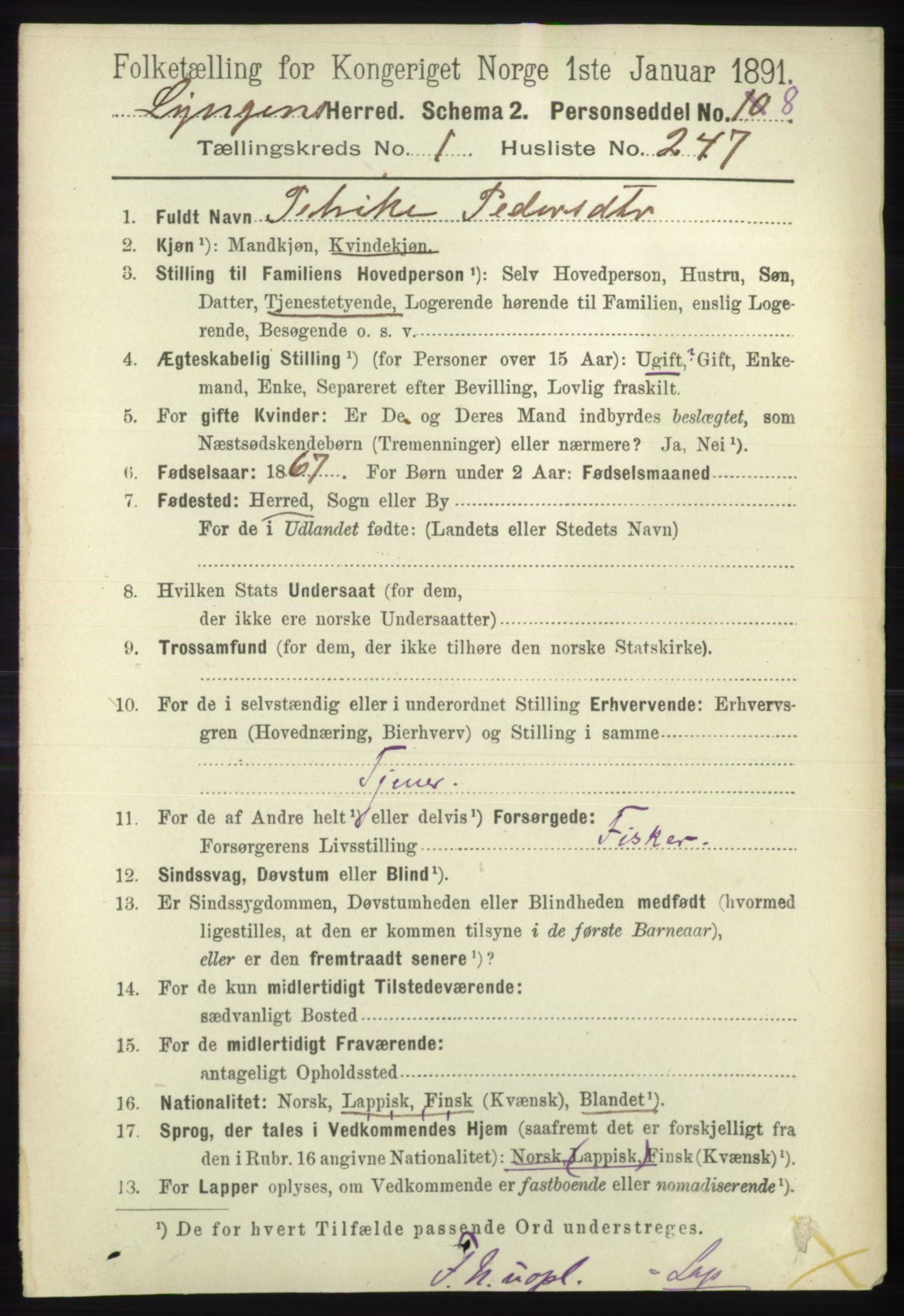 RA, 1891 census for 1938 Lyngen, 1891, p. 1924