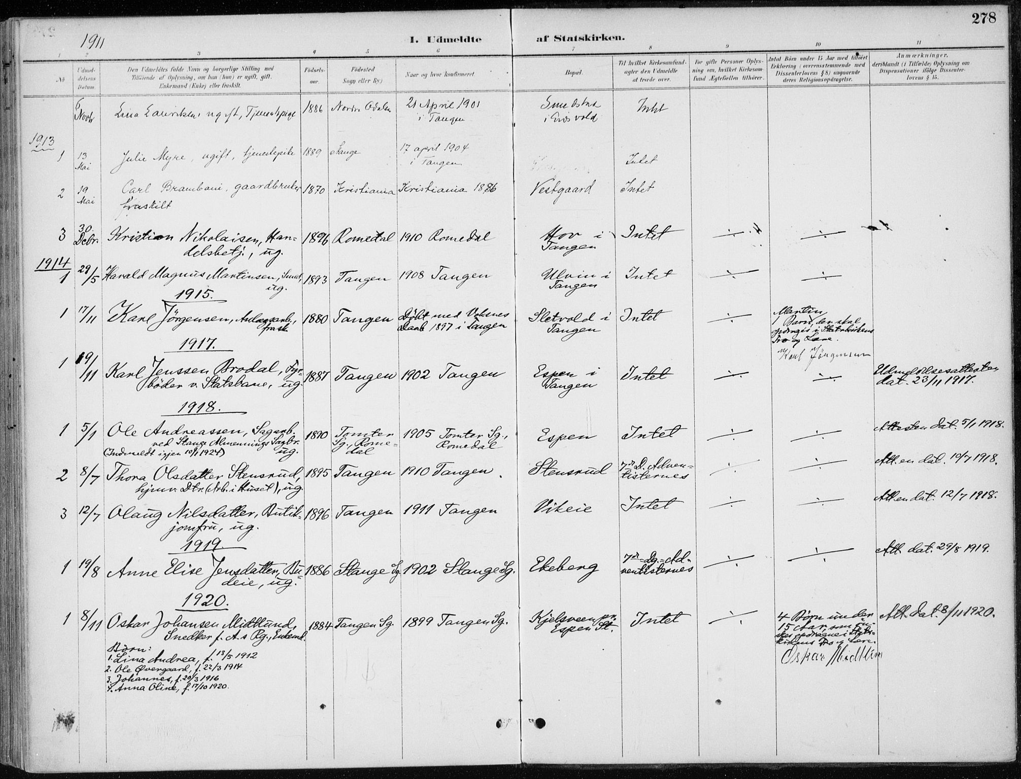 Stange prestekontor, SAH/PREST-002/K/L0023: Parish register (official) no. 23, 1897-1920, p. 278
