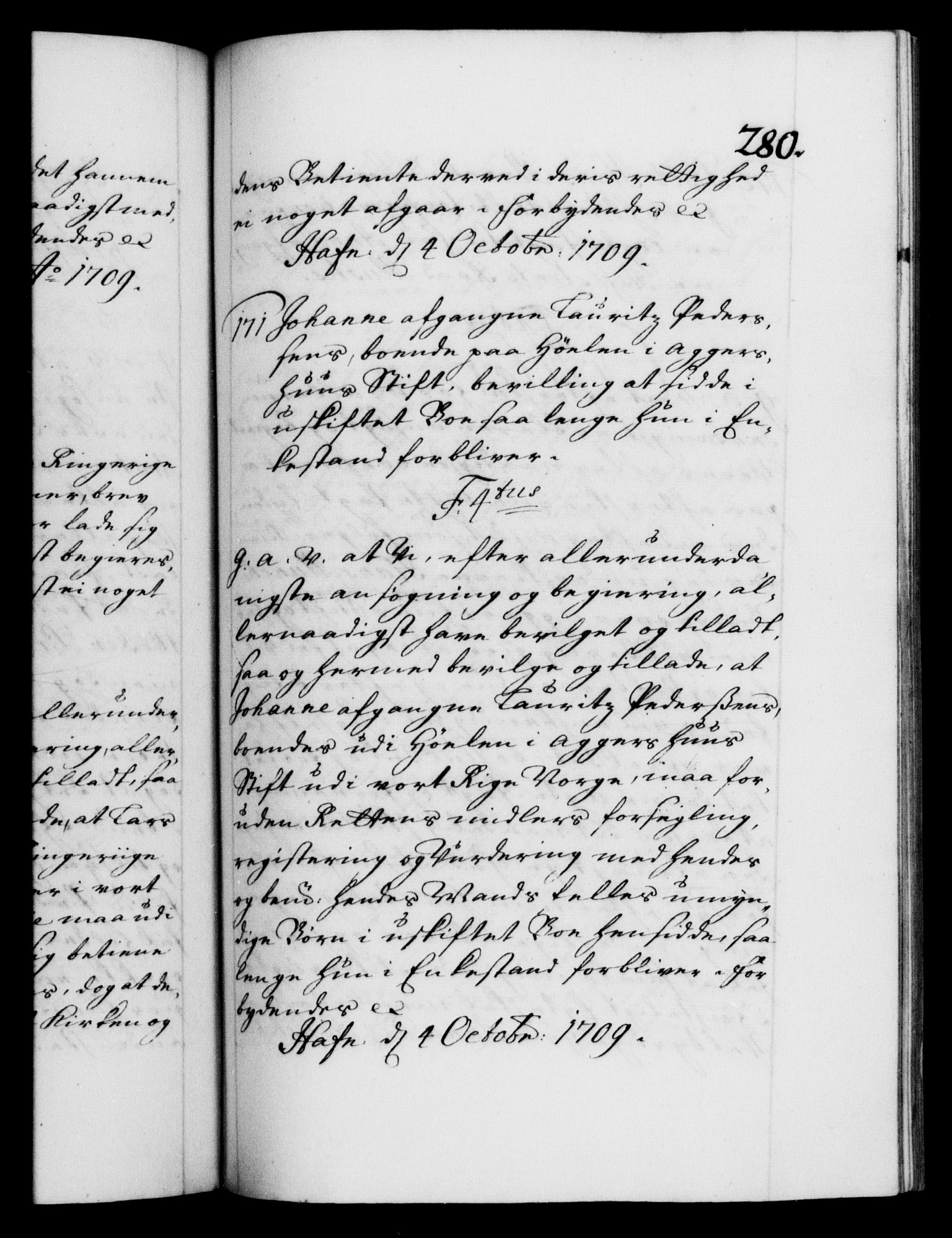 Danske Kanselli 1572-1799, RA/EA-3023/F/Fc/Fca/Fcaa/L0020: Norske registre, 1708-1711, p. 280a