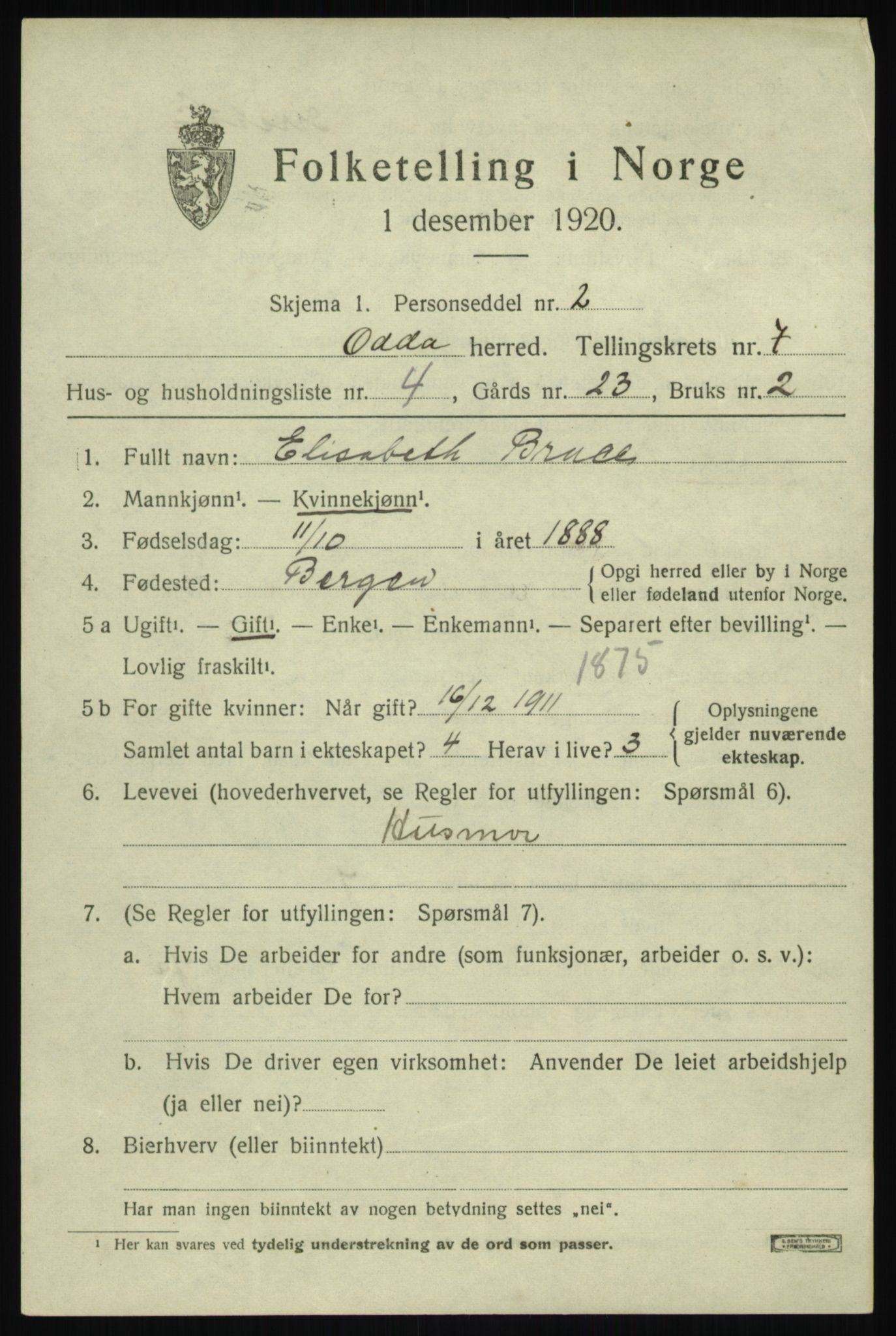 SAB, 1920 census for Odda, 1920, p. 4919