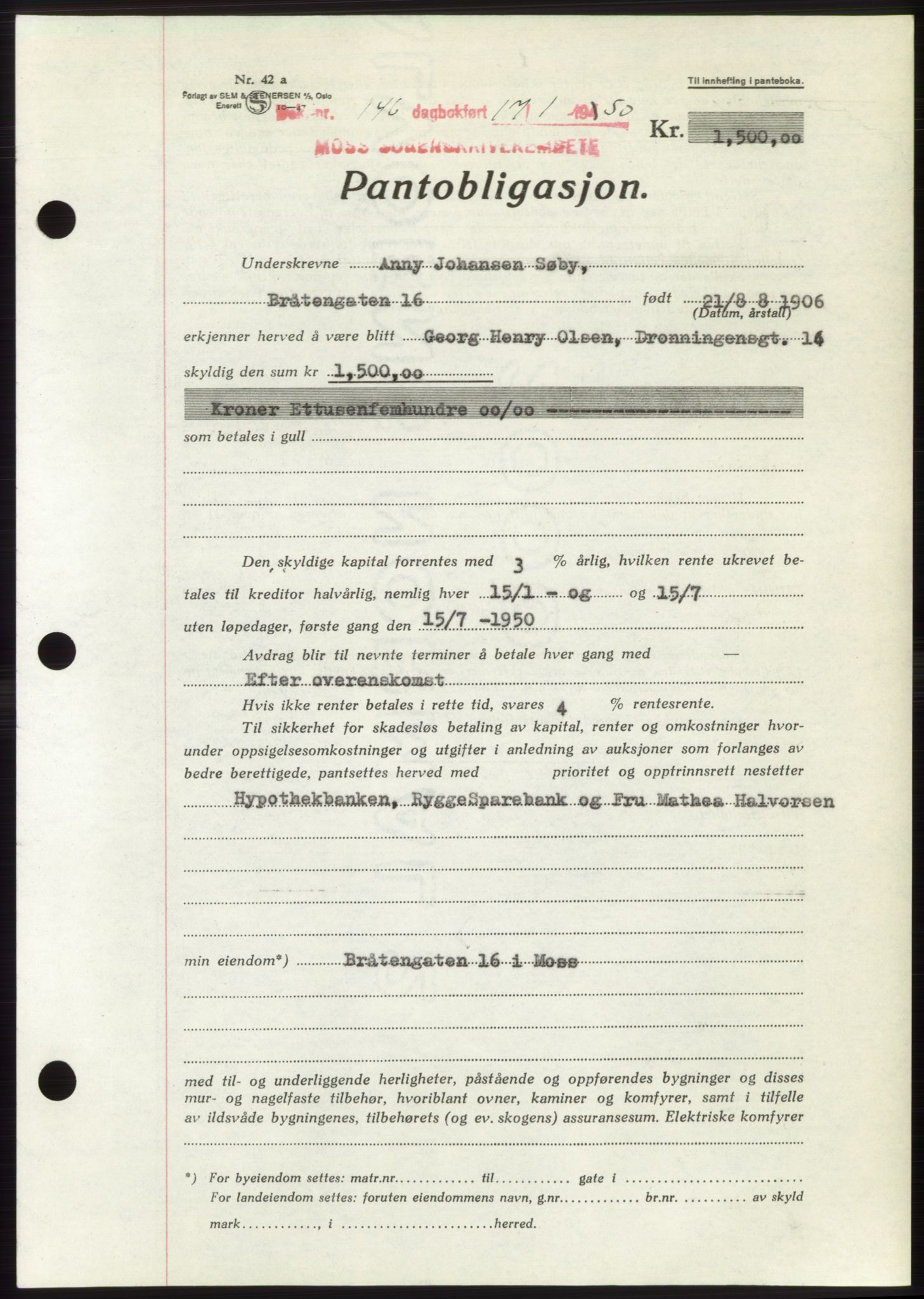Moss sorenskriveri, SAO/A-10168: Mortgage book no. B23, 1949-1950, Diary no: : 146/1950