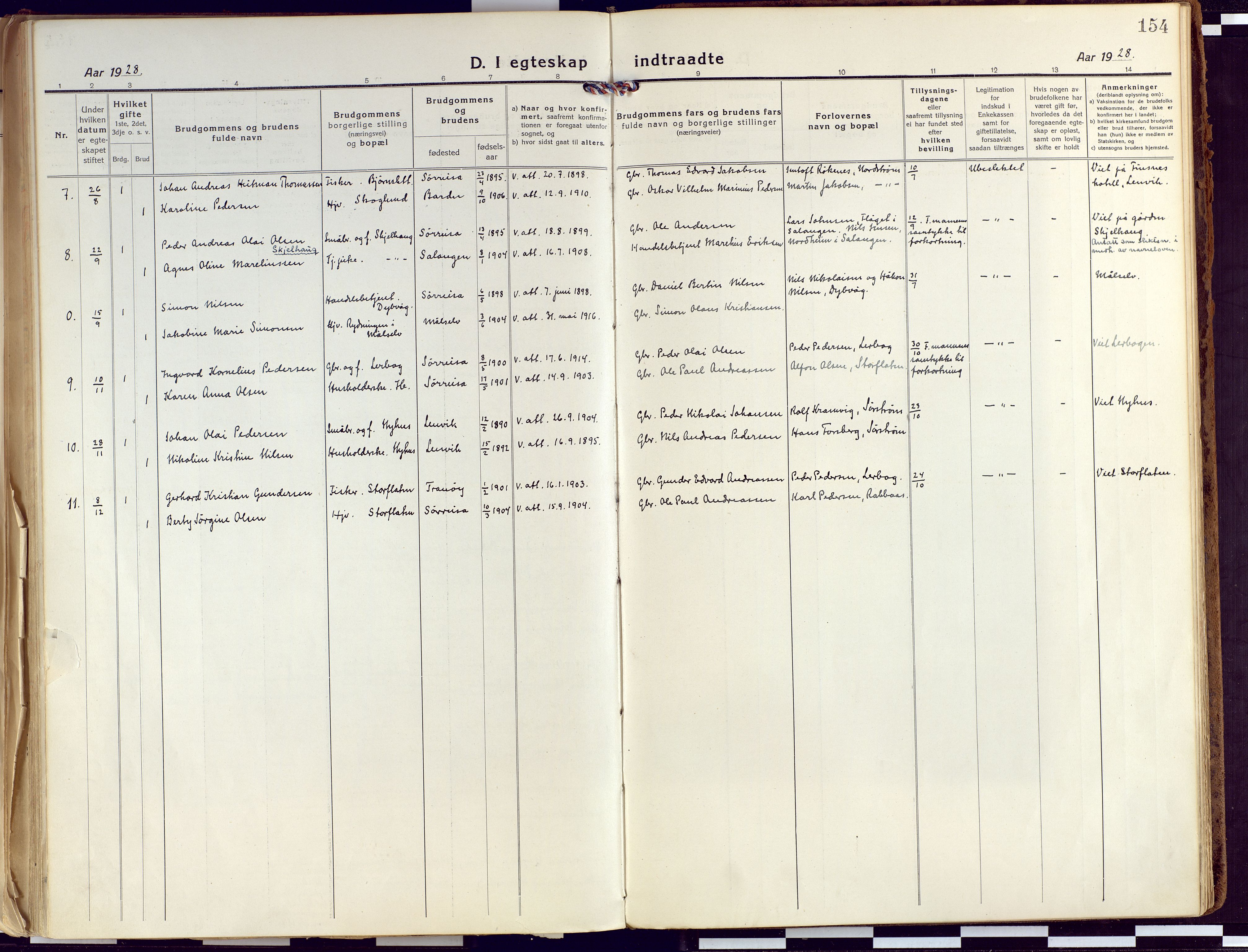 Tranøy sokneprestkontor, AV/SATØ-S-1313/I/Ia/Iaa/L0015kirke: Parish register (official) no. 15, 1919-1928, p. 154