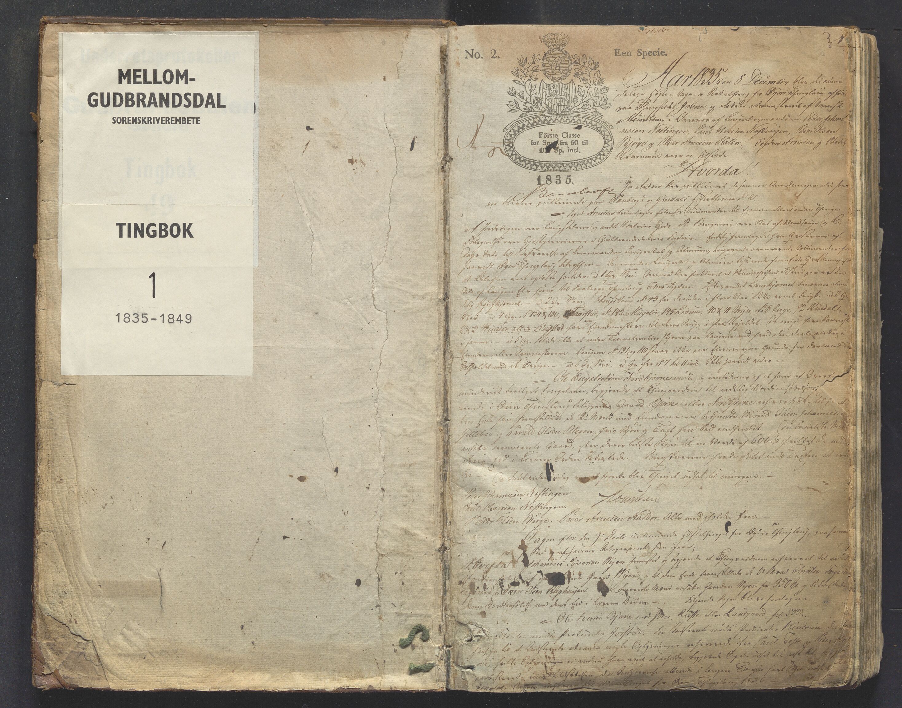 Mellom-Gudbrandsdal sorenskriveri, SAH/TING-038/G/Gb/L0001: Tingbok, 1835-1849, p. 1a