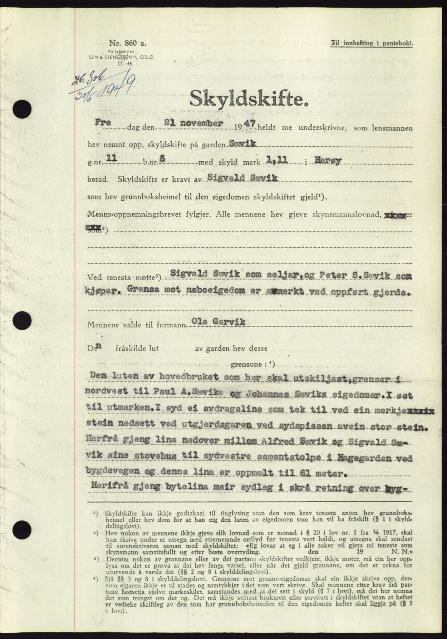 Søre Sunnmøre sorenskriveri, AV/SAT-A-4122/1/2/2C/L0084: Mortgage book no. 10A, 1949-1949, Diary no: : 806/1949