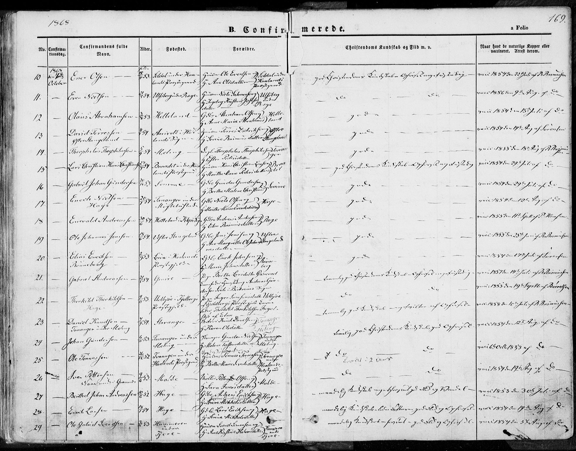 Håland sokneprestkontor, AV/SAST-A-101802/001/30BA/L0007: Parish register (official) no. A 7.1, 1854-1870, p. 169