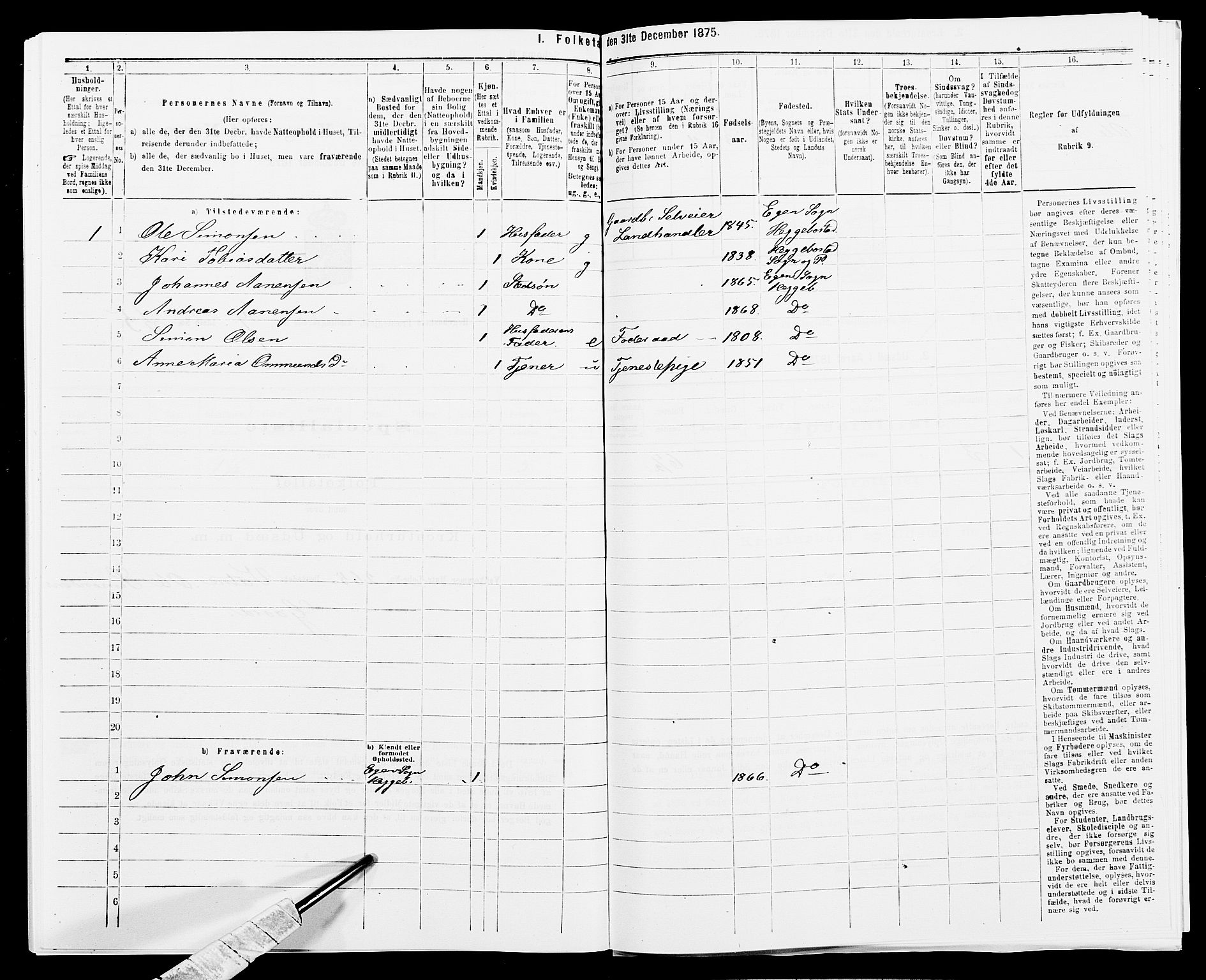 SAK, 1875 census for 1034P Hægebostad, 1875, p. 789