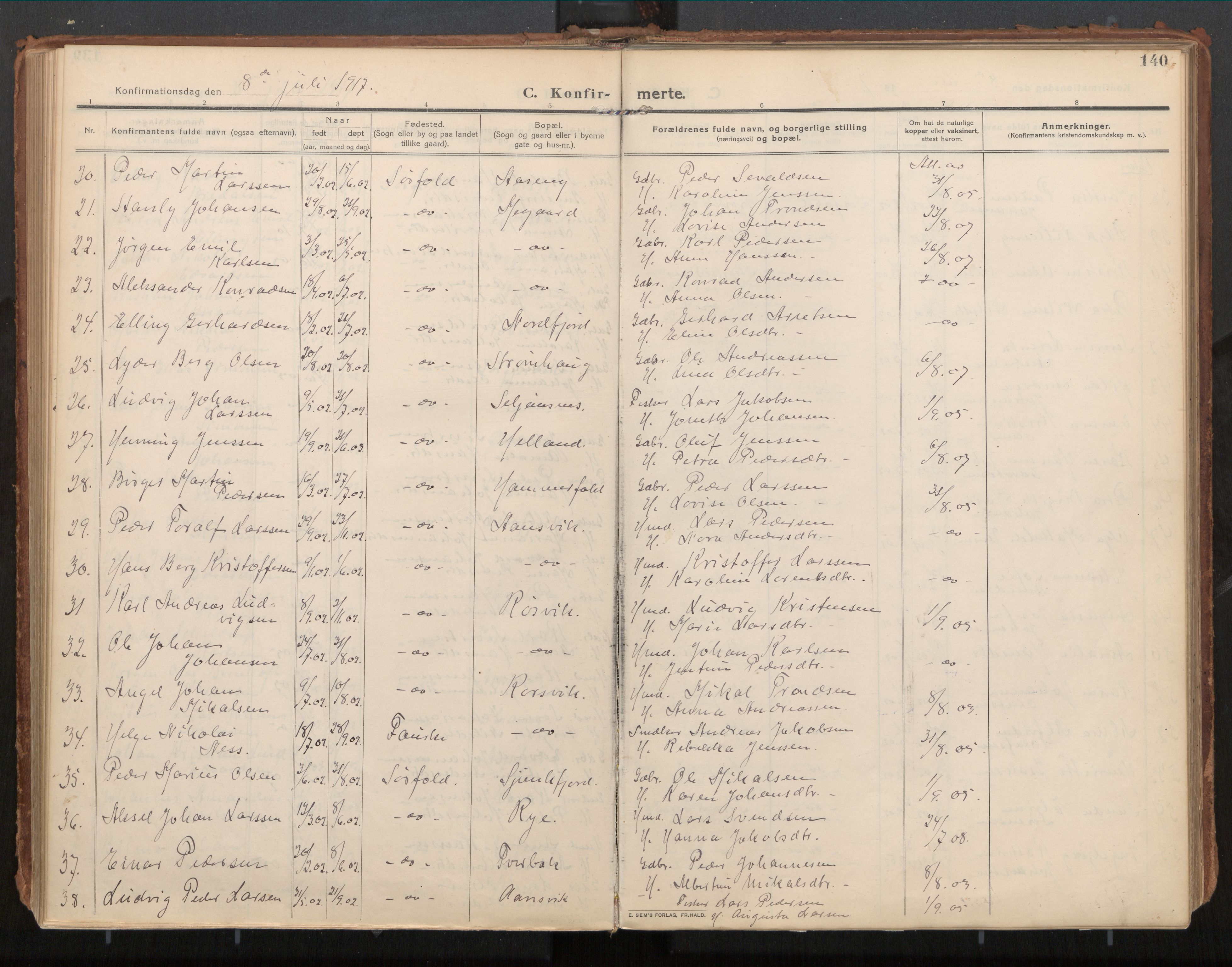 Ministerialprotokoller, klokkerbøker og fødselsregistre - Nordland, AV/SAT-A-1459/854/L0784: Parish register (official) no. 854A07, 1910-1922, p. 140