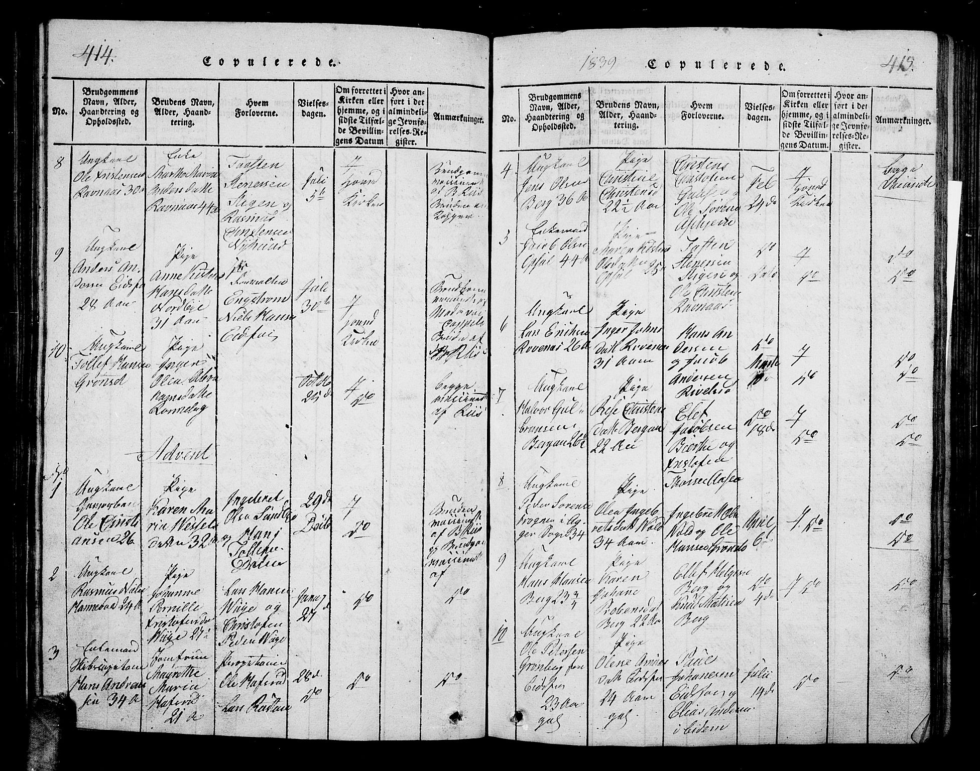 Hof kirkebøker, AV/SAKO-A-64/G/Ga/L0001: Parish register (copy) no. I 1, 1814-1844, p. 414-415