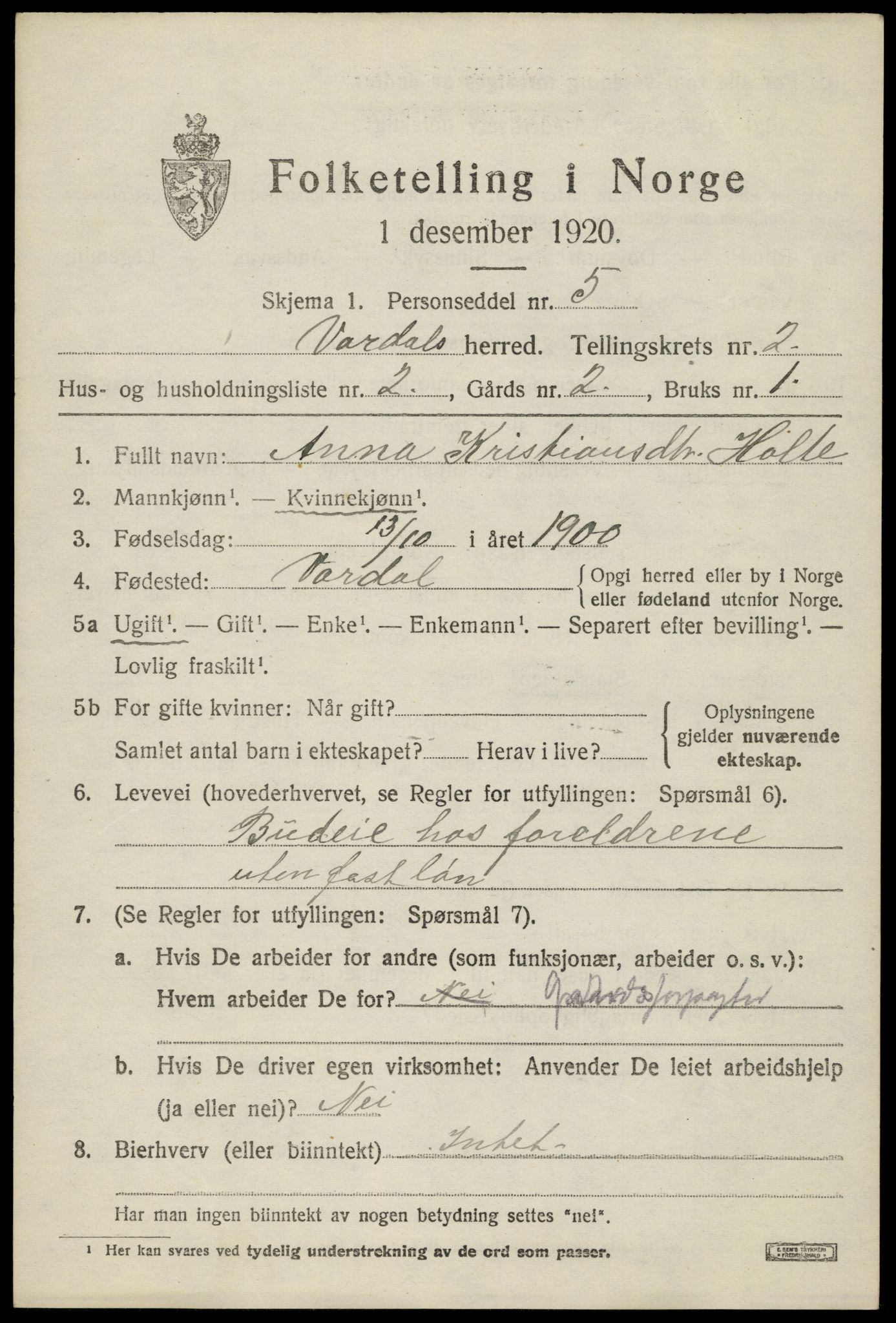 SAH, 1920 census for Vardal, 1920, p. 2453