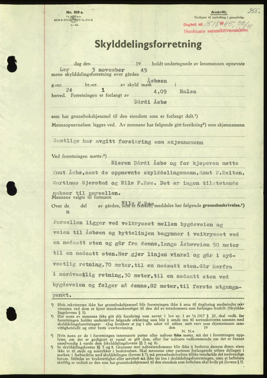 Nordmøre sorenskriveri, AV/SAT-A-4132/1/2/2Ca: Mortgage book no. A100a, 1945-1945, Diary no: : 1518/1945