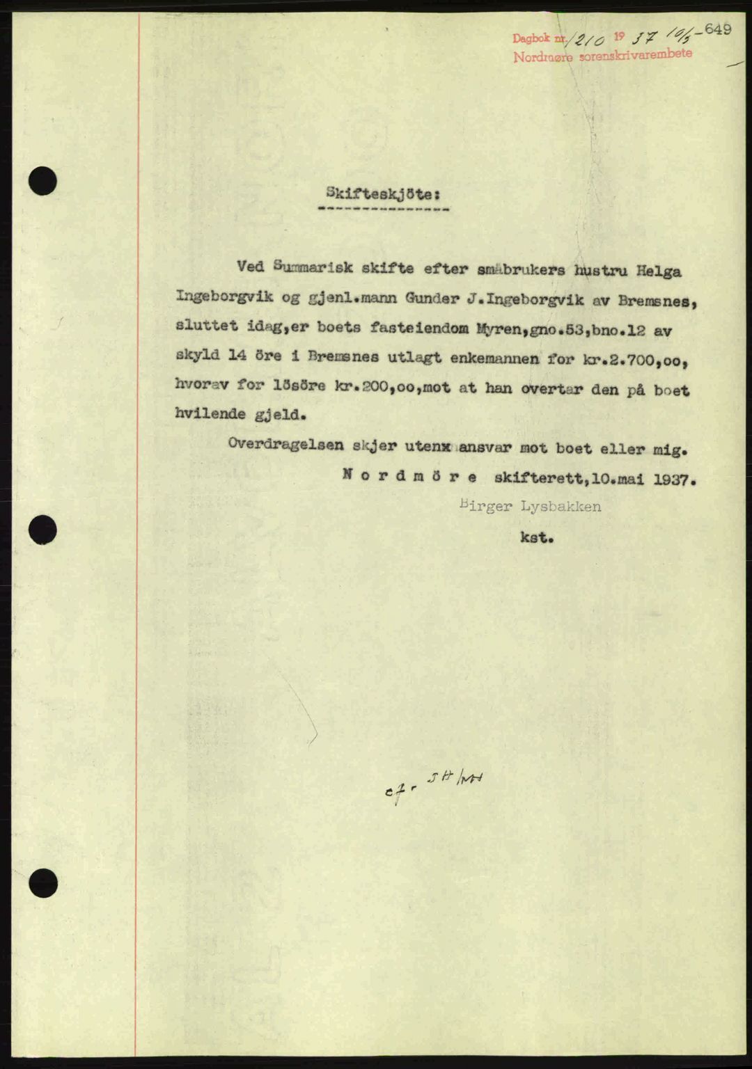 Nordmøre sorenskriveri, AV/SAT-A-4132/1/2/2Ca: Mortgage book no. A81, 1937-1937, Diary no: : 1210/1937