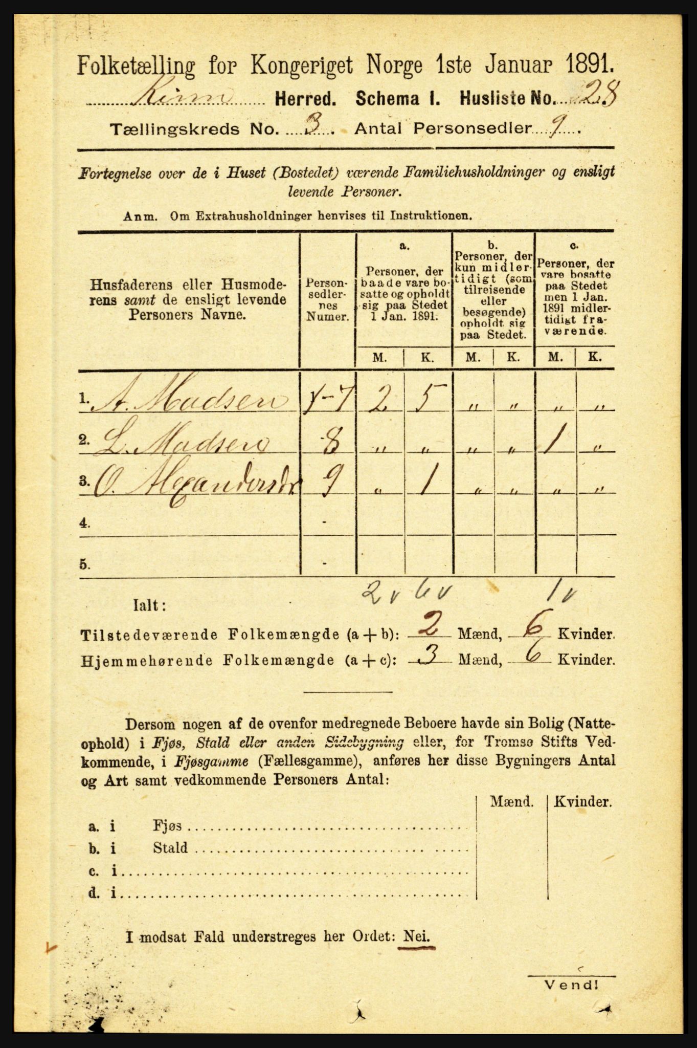 RA, 1891 census for 1437 Kinn, 1891, p. 911