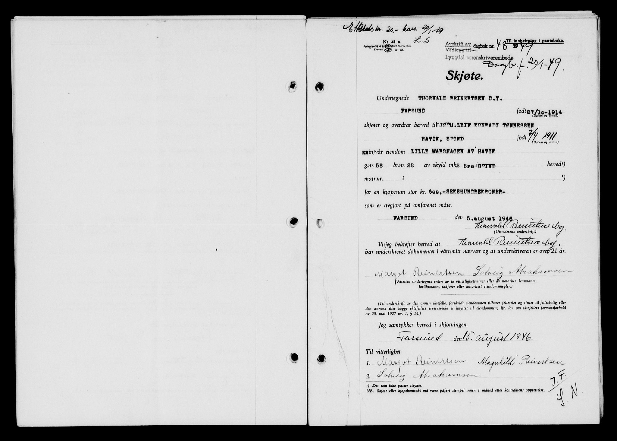 Lyngdal sorenskriveri, AV/SAK-1221-0004/G/Gb/L0663: Mortgage book no. A IX, 1948-1949, Diary no: : 48/1949