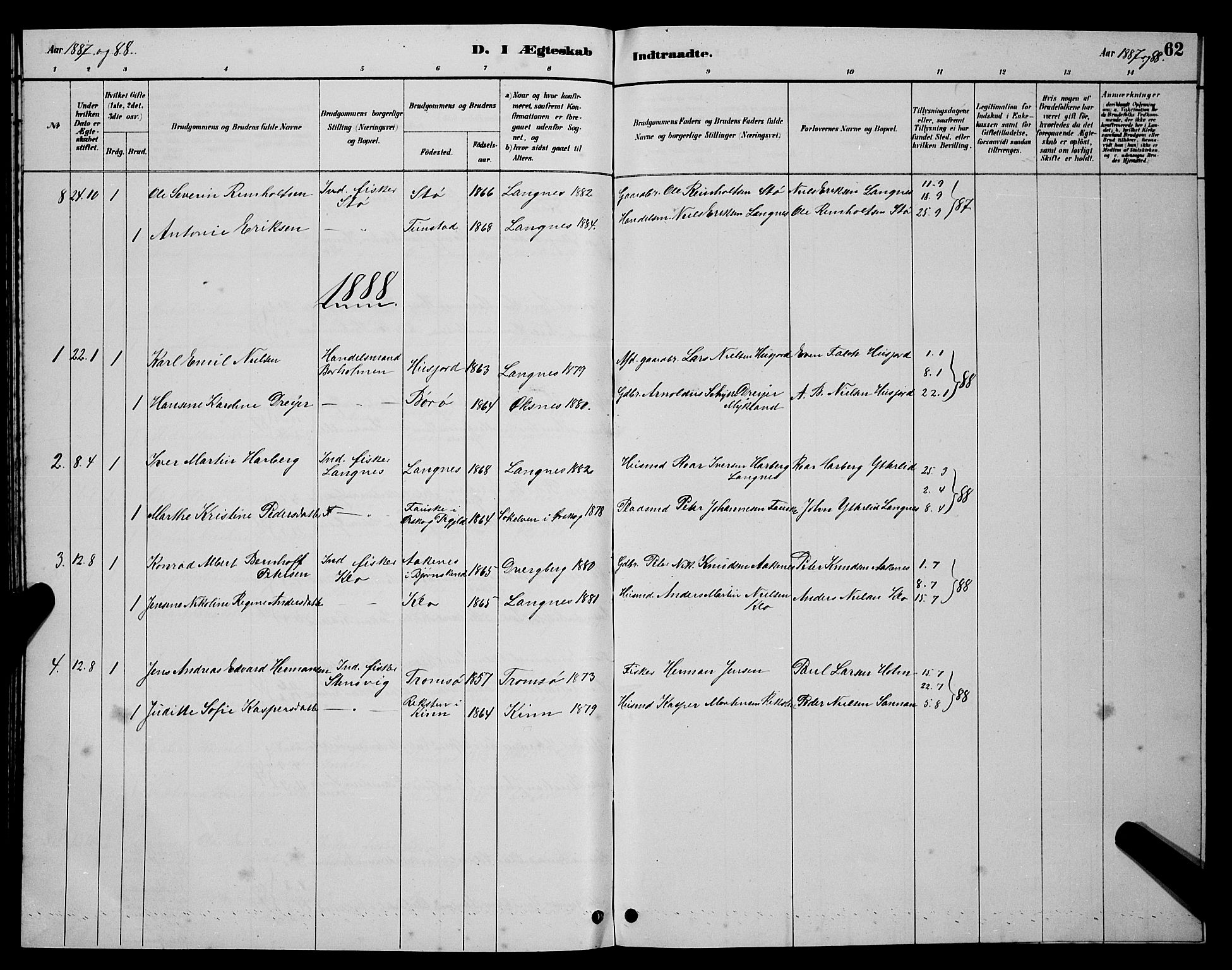 Ministerialprotokoller, klokkerbøker og fødselsregistre - Nordland, AV/SAT-A-1459/894/L1360: Parish register (copy) no. 894C03, 1885-1888, p. 62