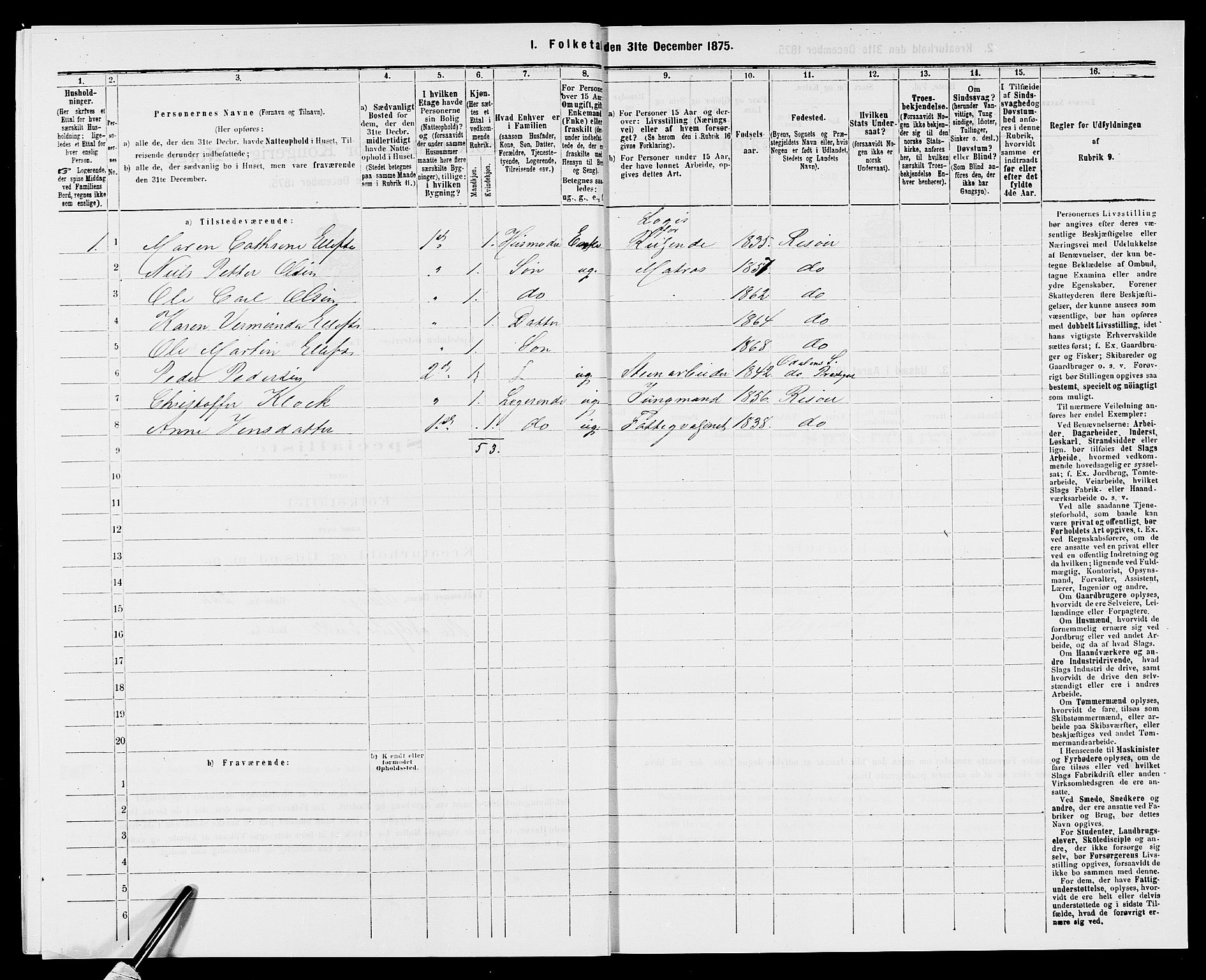 SAK, 1875 census for 0901B Risør/Risør, 1875, p. 522