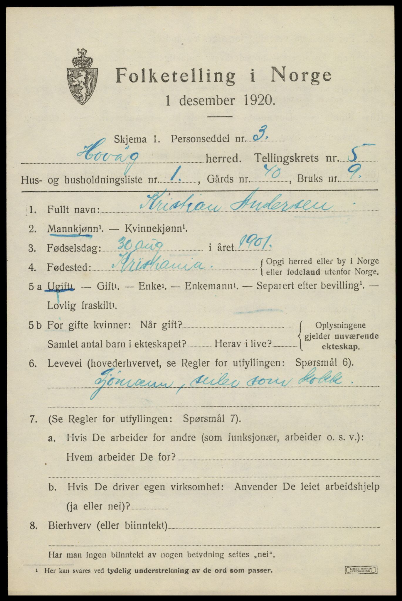 SAK, 1920 census for Høvåg, 1920, p. 2588