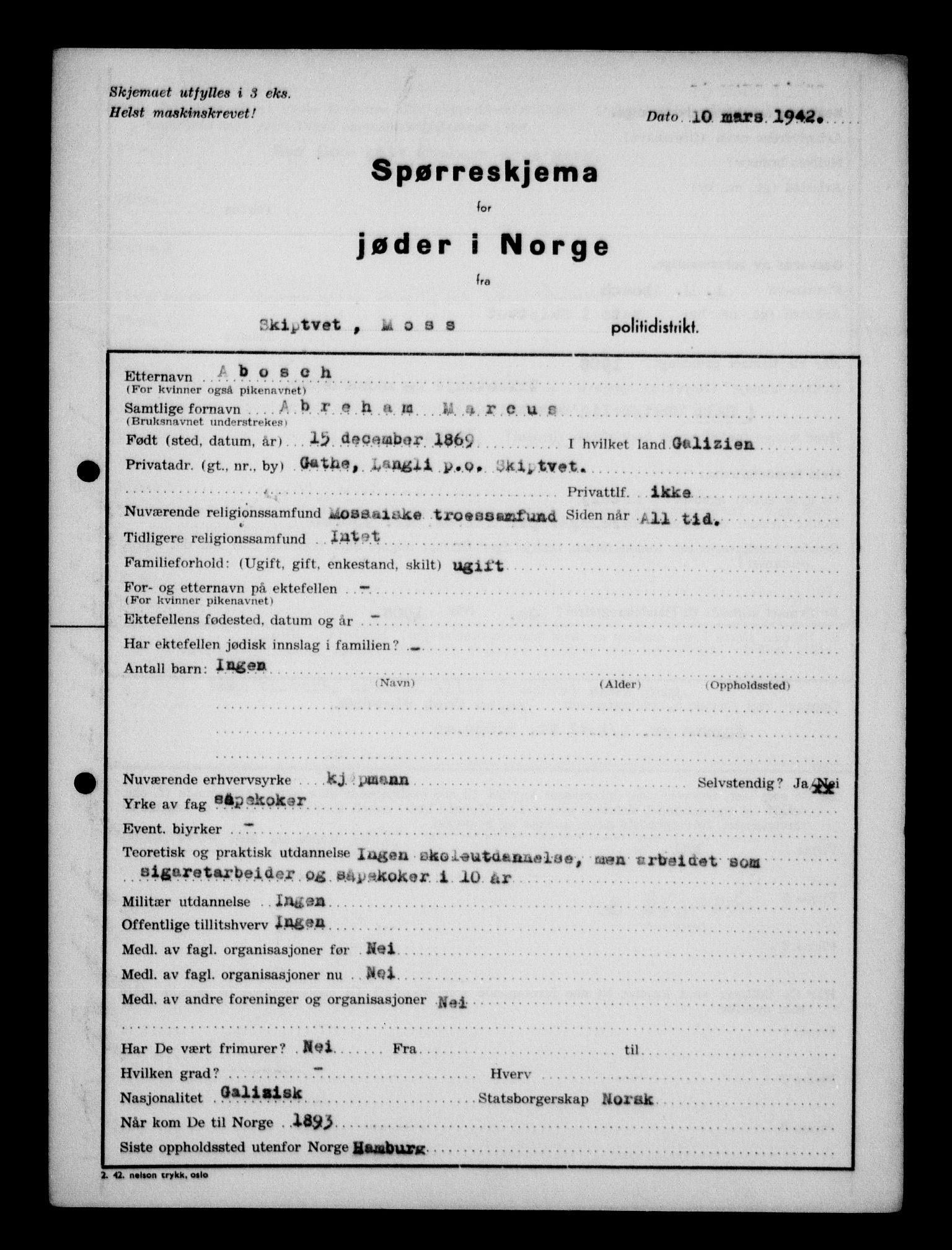 Statspolitiet - Hovedkontoret / Osloavdelingen, AV/RA-S-1329/G/Ga/L0012: Spørreskjema for jøder i Norge. 1: Aker 114- 207 (Levinson-Wozak) og 656 (Salomon). 2: Arendal-Hordaland. 3: Horten-Romerike.  , 1942, p. 769