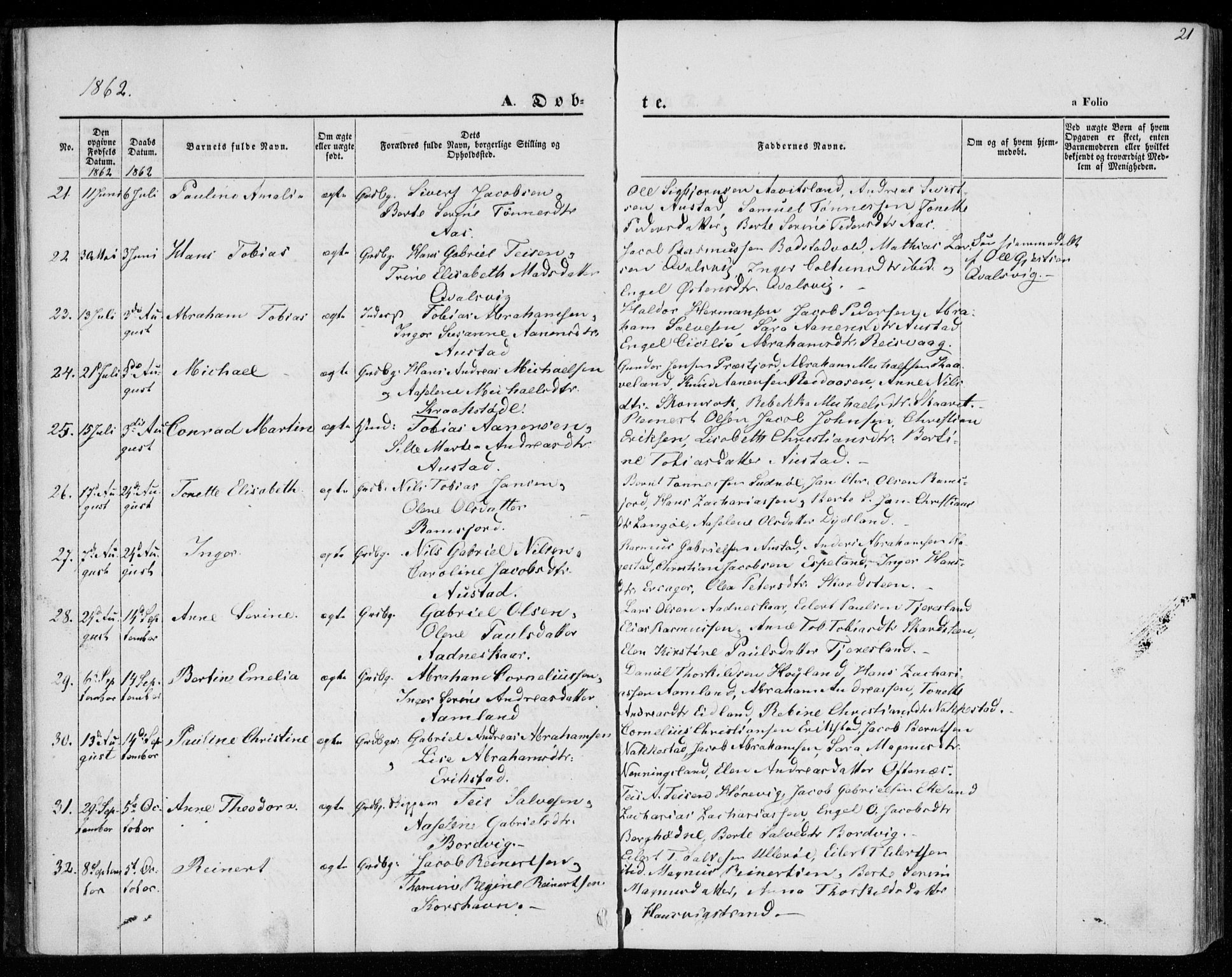 Lyngdal sokneprestkontor, SAK/1111-0029/F/Fa/Faa/L0002: Parish register (official) no. A 2, 1858-1870, p. 21