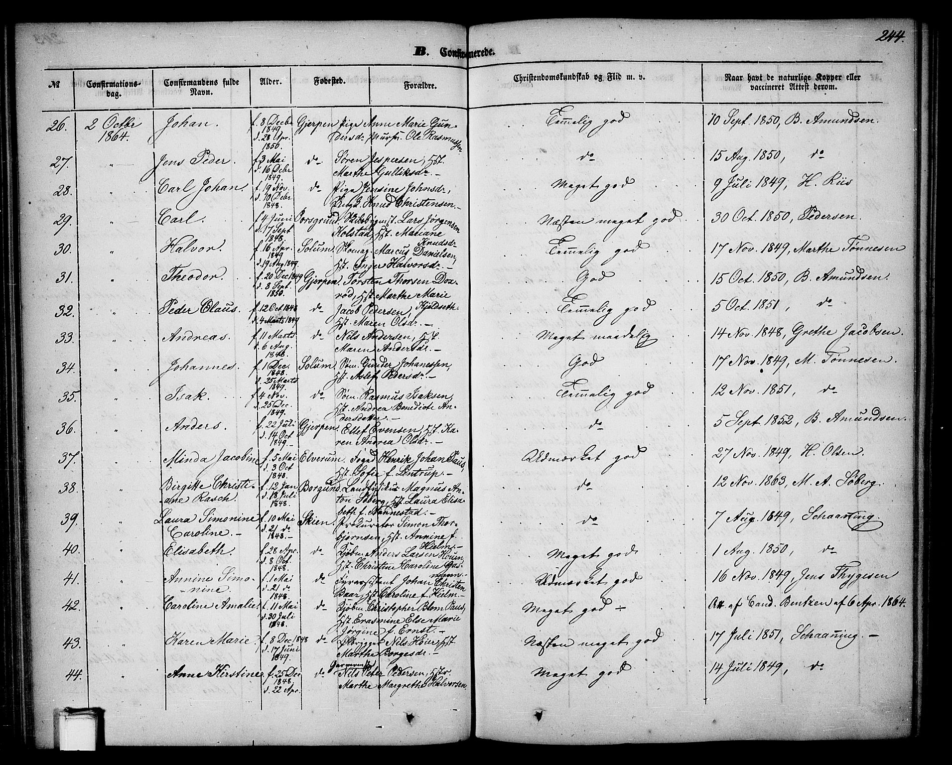 Skien kirkebøker, AV/SAKO-A-302/G/Ga/L0004: Parish register (copy) no. 4, 1843-1867, p. 244