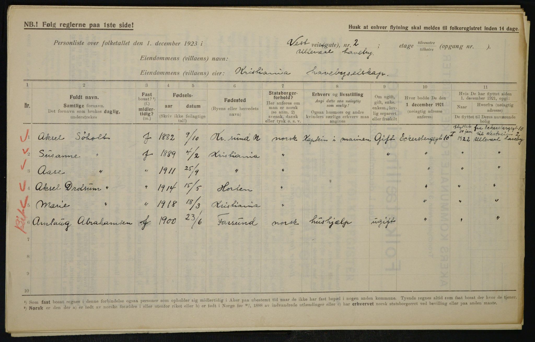 , Municipal Census 1923 for Aker, 1923, p. 21912