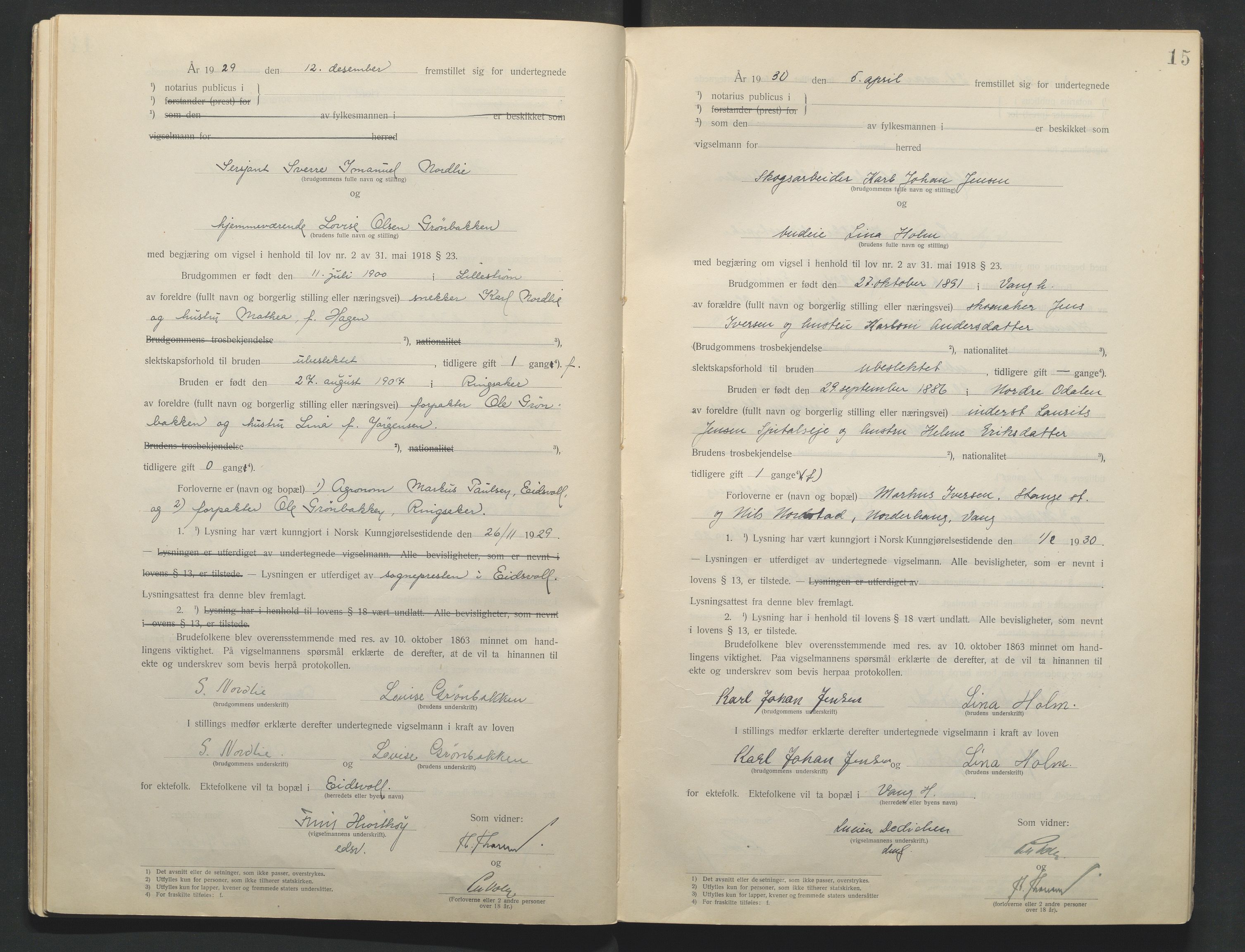 Nord-Hedmark sorenskriveri, AV/SAH-TING-012/L/Lc/L0001/0001: Vigselsprotokoller / Vigselsprotokoll, 1920-1942, p. 15