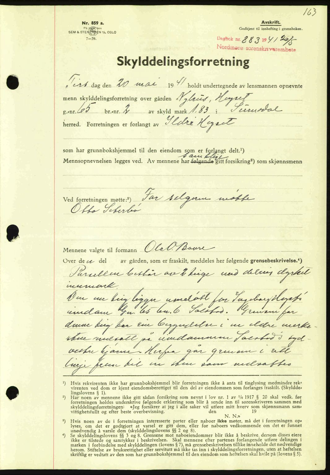 Nordmøre sorenskriveri, SAT/A-4132/1/2/2Ca: Mortgage book no. A90, 1941-1941, Diary no: : 883/1941