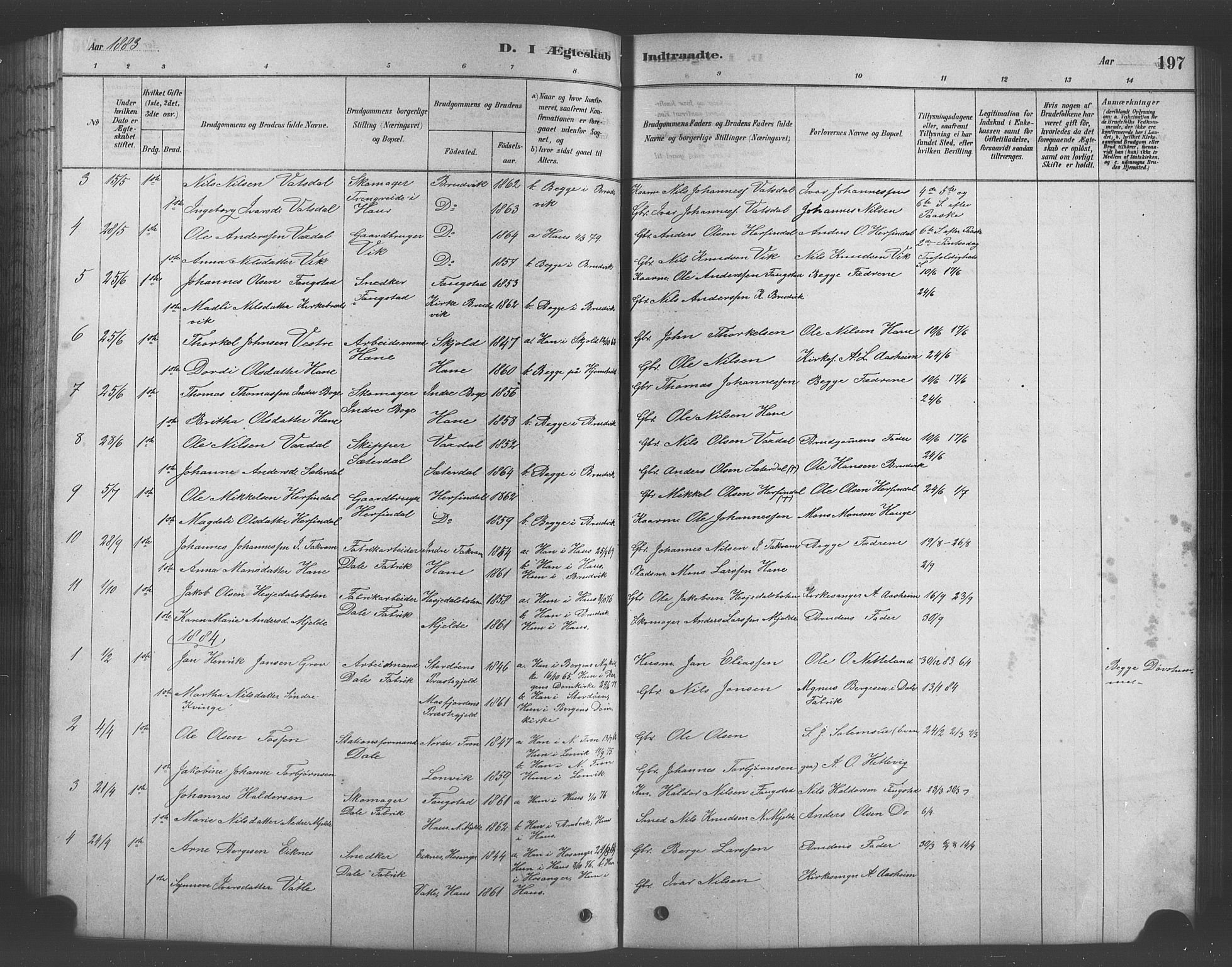 Bruvik Sokneprestembete, AV/SAB-A-74701/H/Hab: Parish register (copy) no. A 1, 1878-1907, p. 197