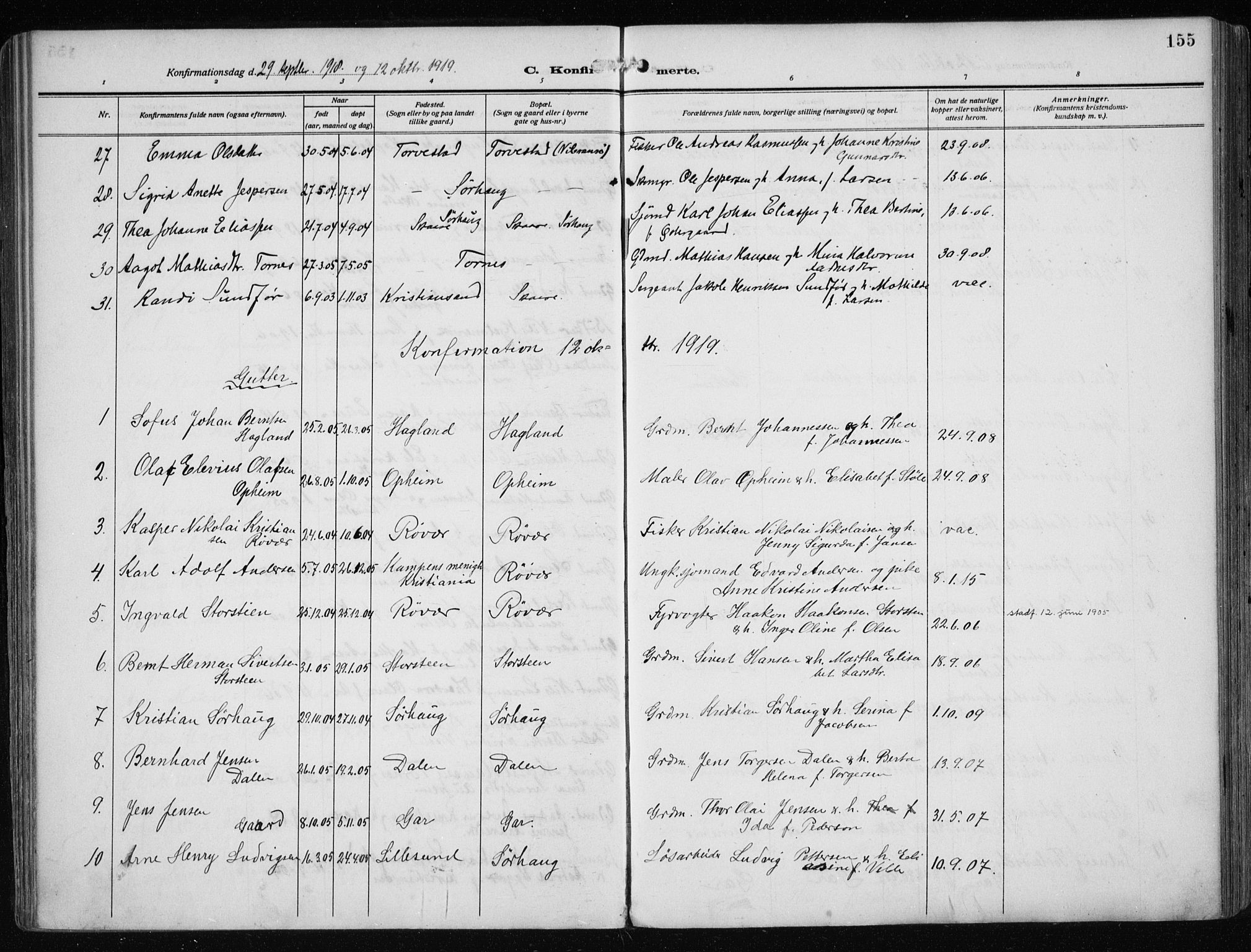 Haugesund sokneprestkontor, SAST/A -101863/H/Ha/Haa/L0010: Parish register (official) no. A 10, 1909-1935, p. 155