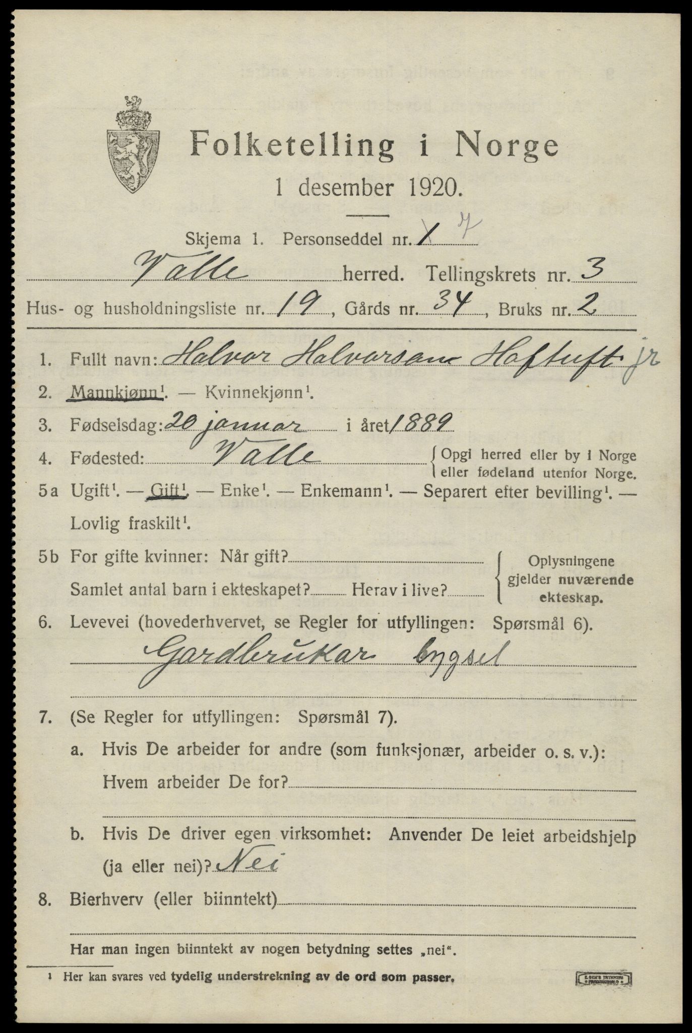 SAK, 1920 census for Valle, 1920, p. 1765