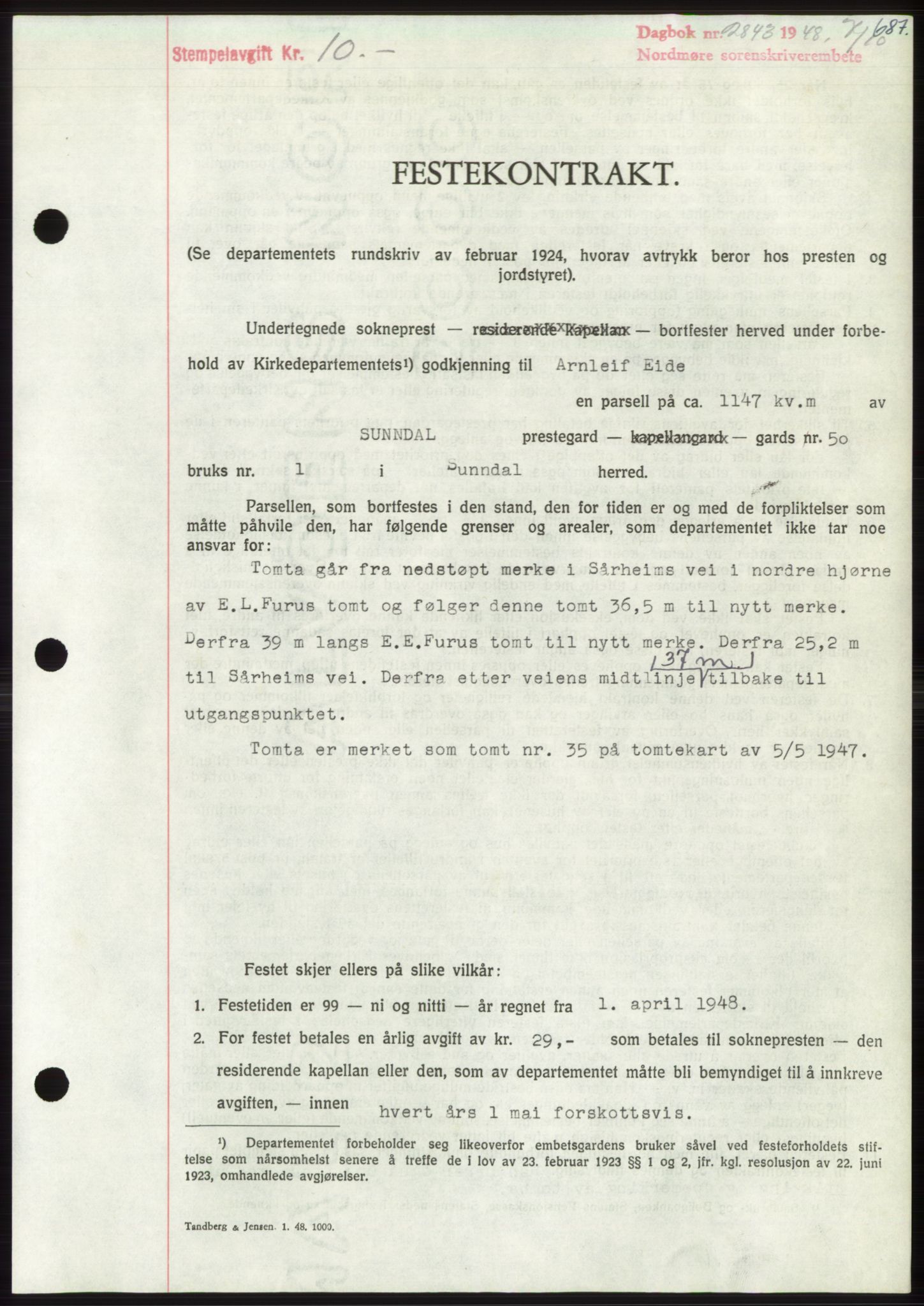 Nordmøre sorenskriveri, AV/SAT-A-4132/1/2/2Ca: Mortgage book no. B99, 1948-1948, Diary no: : 2843/1948