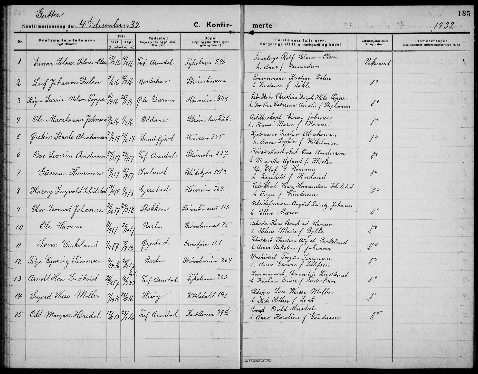 Arendal sokneprestkontor, Trefoldighet, AV/SAK-1111-0040/F/Fb/L0008: Parish register (copy) no. B 8, 1928-1939, p. 185