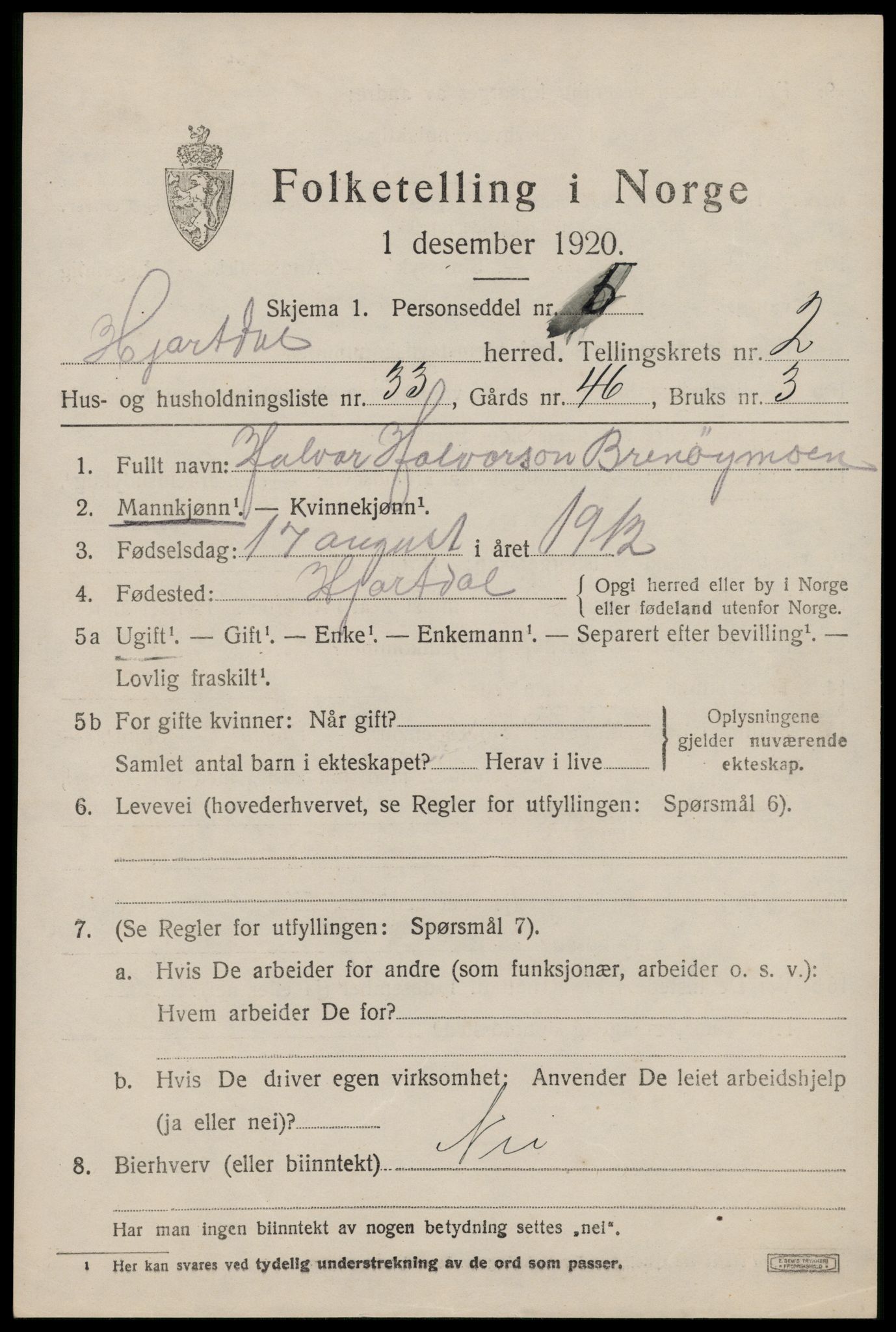 SAKO, 1920 census for Hjartdal, 1920, p. 2176